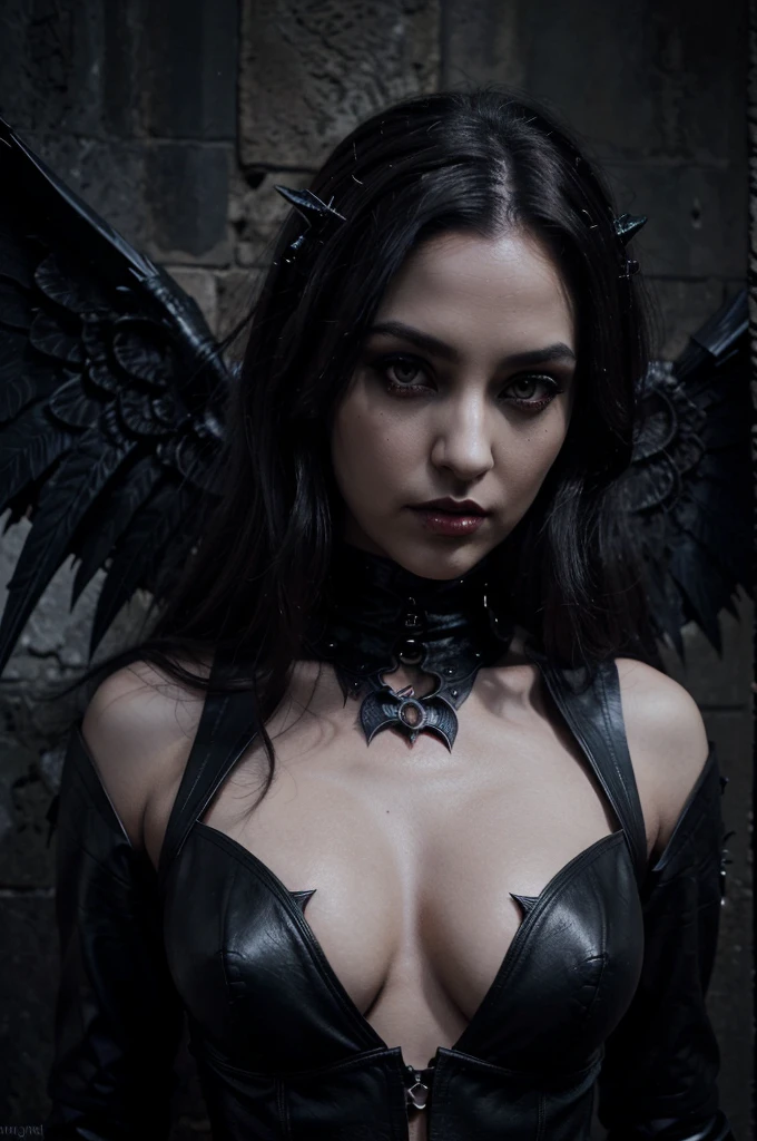 (best quality,4k,8k,highres,masterpiece:1.2),ultra-detailed,(realistic,photorealistic,photo-realistic:1.37),portrait,dark fantasy,female demon,beautiful detailed eyes,beautiful detailed lips,extremely detailed eyes and face,dark magic,dark atmosphere,leather outfit,dark wings,mysterious gaze,dramatic lighting,black feathers,provocative,posing seductively,shadowy background,vivid colors,dark tones,long black hair,fierce expression,dildo,erotic art,alluring presence,raven symbol,ominous,subtle makeup,glowing eyes,(((Sissy Raven)))