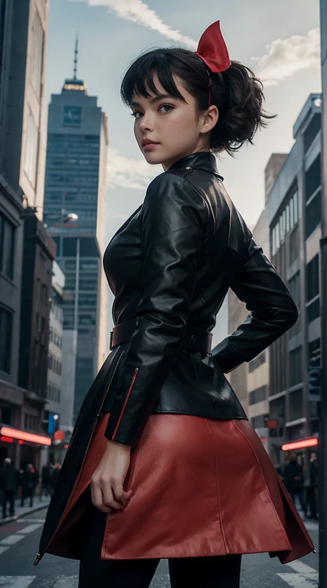 Best image quality, outstanding detail, ultra high resolution, (realism: 1.4), best illustration, prefer details, futuristic high-tech motorcycle, standing posture, Kiki posing, background is a high-tech lighting scene of futuristic city, black coat, slit, red ribbon, kiki, gigi, active,