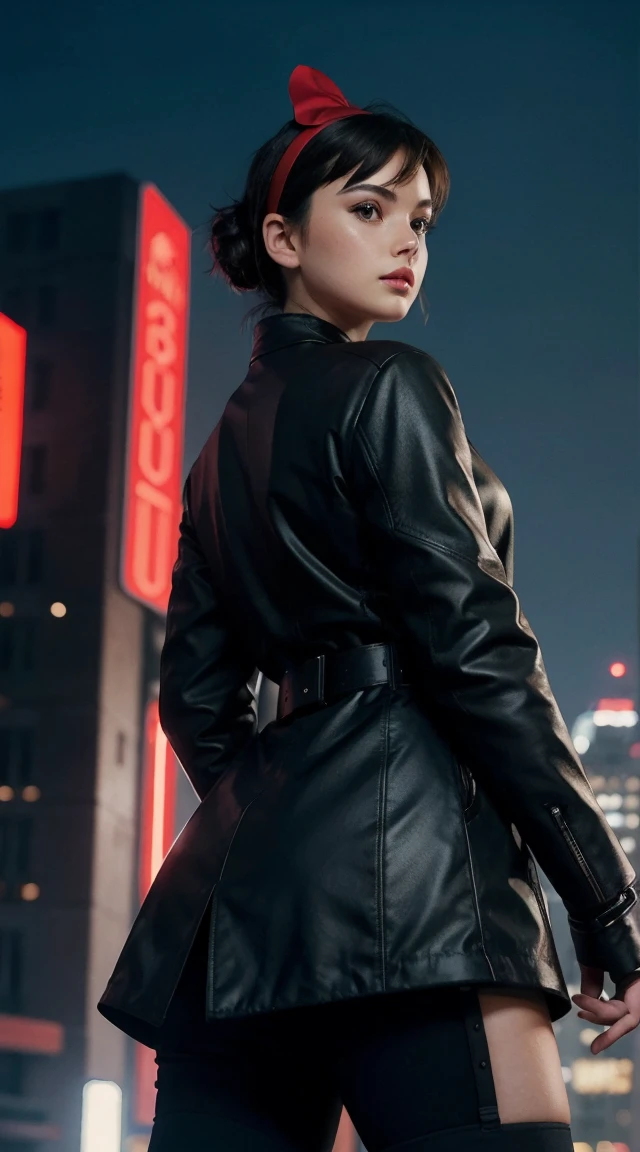 Best image quality, outstanding detail, ultra high resolution, (realism: 1.4), best illustration, prefer details, futuristic high-tech motorcycle, standing posture, Kiki posing, background is a high-tech lighting scene of futuristic city, black coat, slit, red ribbon, kiki, gigi, active,