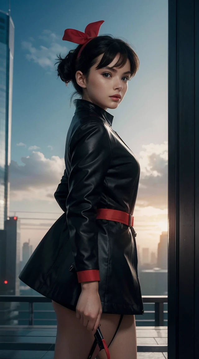 Best image quality, outstanding detail, ultra high resolution, (realism: 1.4), best illustration, prefer details, futuristic high-tech motorcycle, standing posture, Kiki posing, background is a high-tech lighting scene of futuristic city, black coat, slit, red ribbon, kiki, gigi, active,