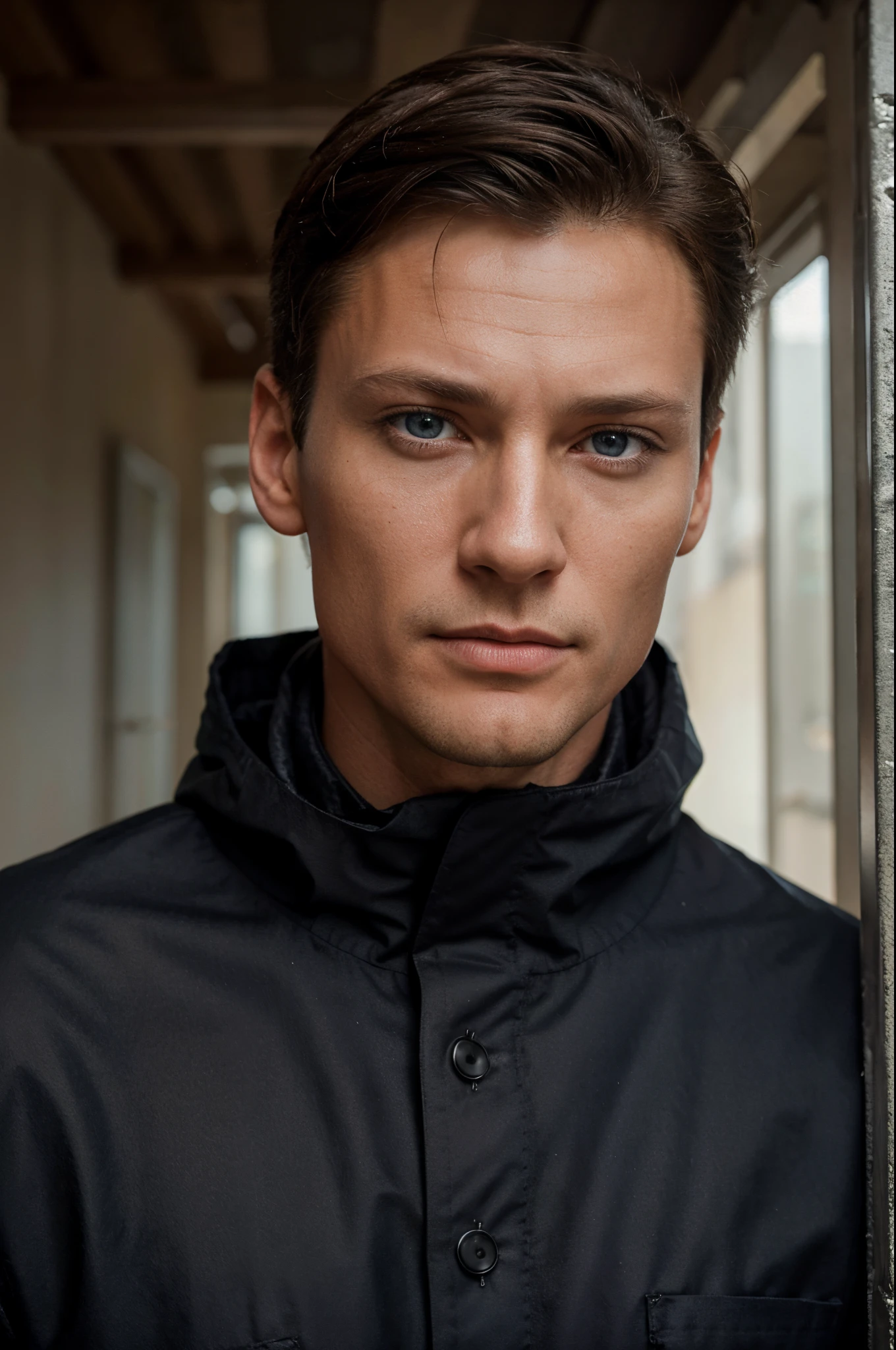 Portrait, real-photo, beutiful, thin and tall young man, about 30 years, looks like Robert Patrick, Wrinkle-free, Short hair, not a studio photo, blue eyes, with a long straight nose, Hands-free, head turned straight, It's winter outside, photo to the waist, wear a black winter jacket, looking straight at camera, Thin, Correct facial features, square jaw, Wide neck,