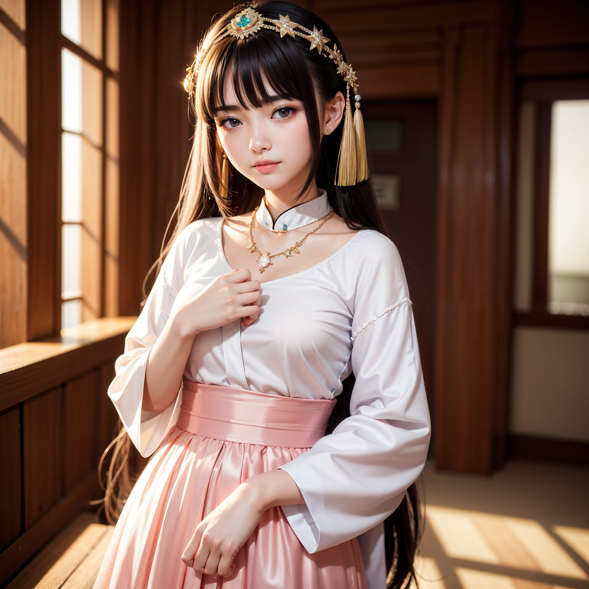 Superb Quality, Masterpiece, High Resolution, 1Girl, Blush, (Seductive Smile: 0.8), Star Eyes, Chinese Hanfu, Hair Accessories, Necklace, Jewelry, Beauty, on_body, Tyndall Effect, Realism, Shadow Room, Light Edge, Two-tone Lighting, (High Detail Skin: 1.2), 8K UHD, SLR, Soft Light, High Quality, Volume Lighting, Candid Photo, High Resolution, 4K, 8K, Background Blur, Light Tulle,