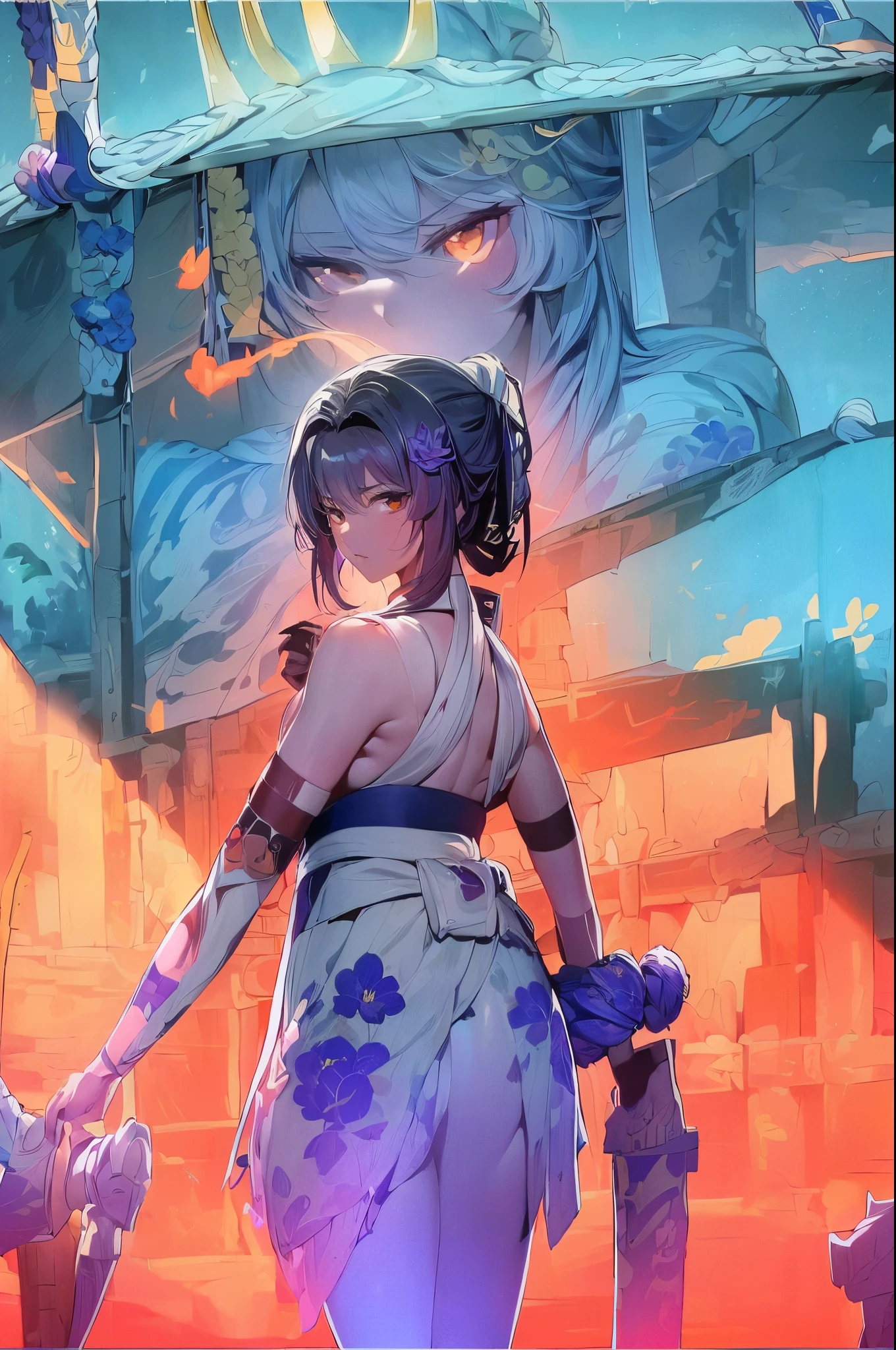((top-quality、8K、masterpiece:1.3))、girl with、Red Lotus/(Nike, Goddess of Victory)/,holds a sword、battle field、Warrior's eyes、natta、The moon is out、((i'in bamboo forest))、(((Wearing a yukata)))