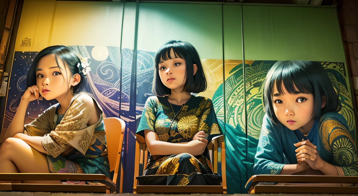 three people are sitting on a chair, behind it there is a cool batik mural, at night