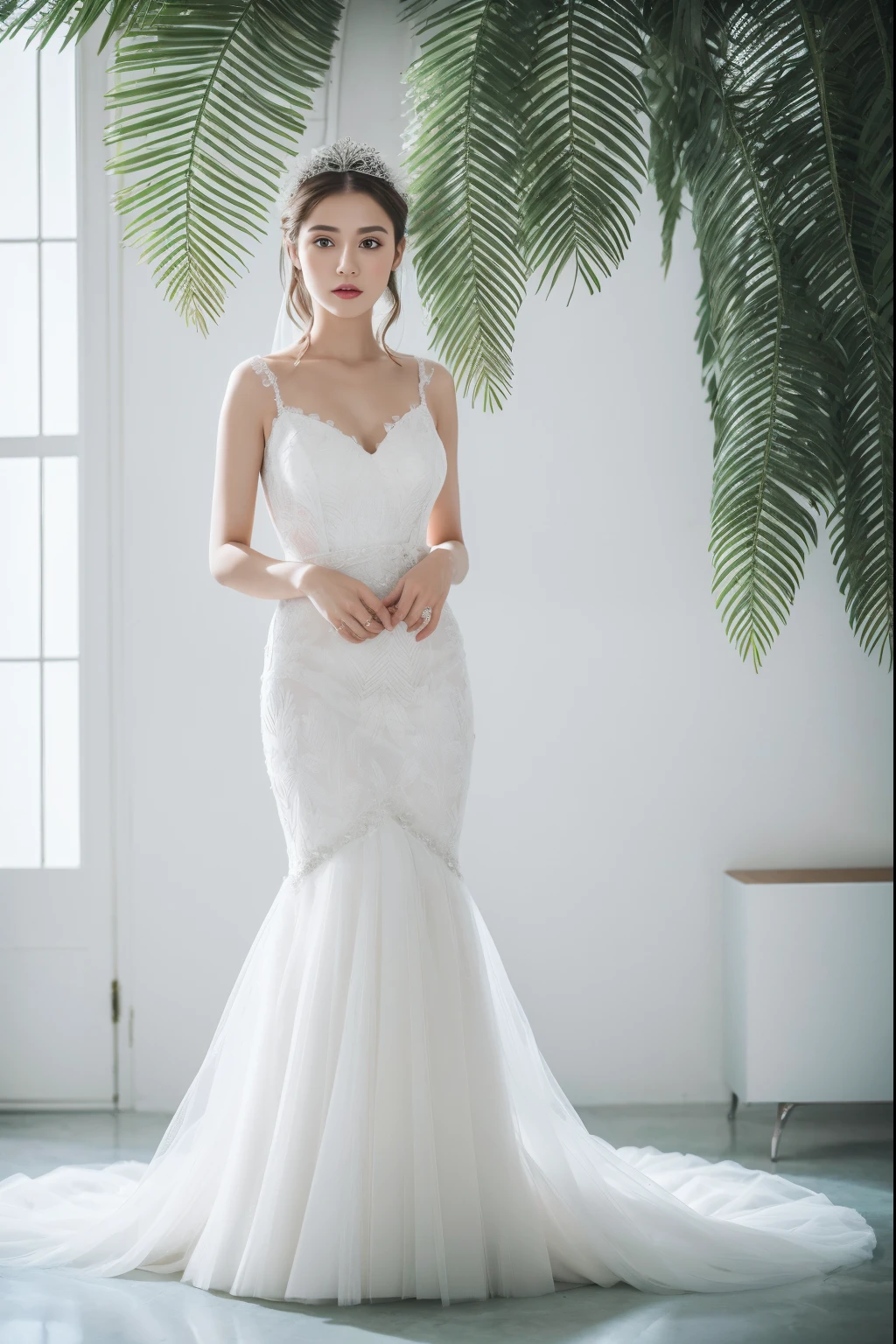 Best quality, 8k, 32k, Masterpiece, Masterpiece, (Photorealistic: 1.4), RAW photo, ultra realistic, 1girl, full body, wearing a white mermaid wedding dress, floor-length style, tulle fabric, Take product photos in white room with indoor decorative palm tree, stand upright and look straight