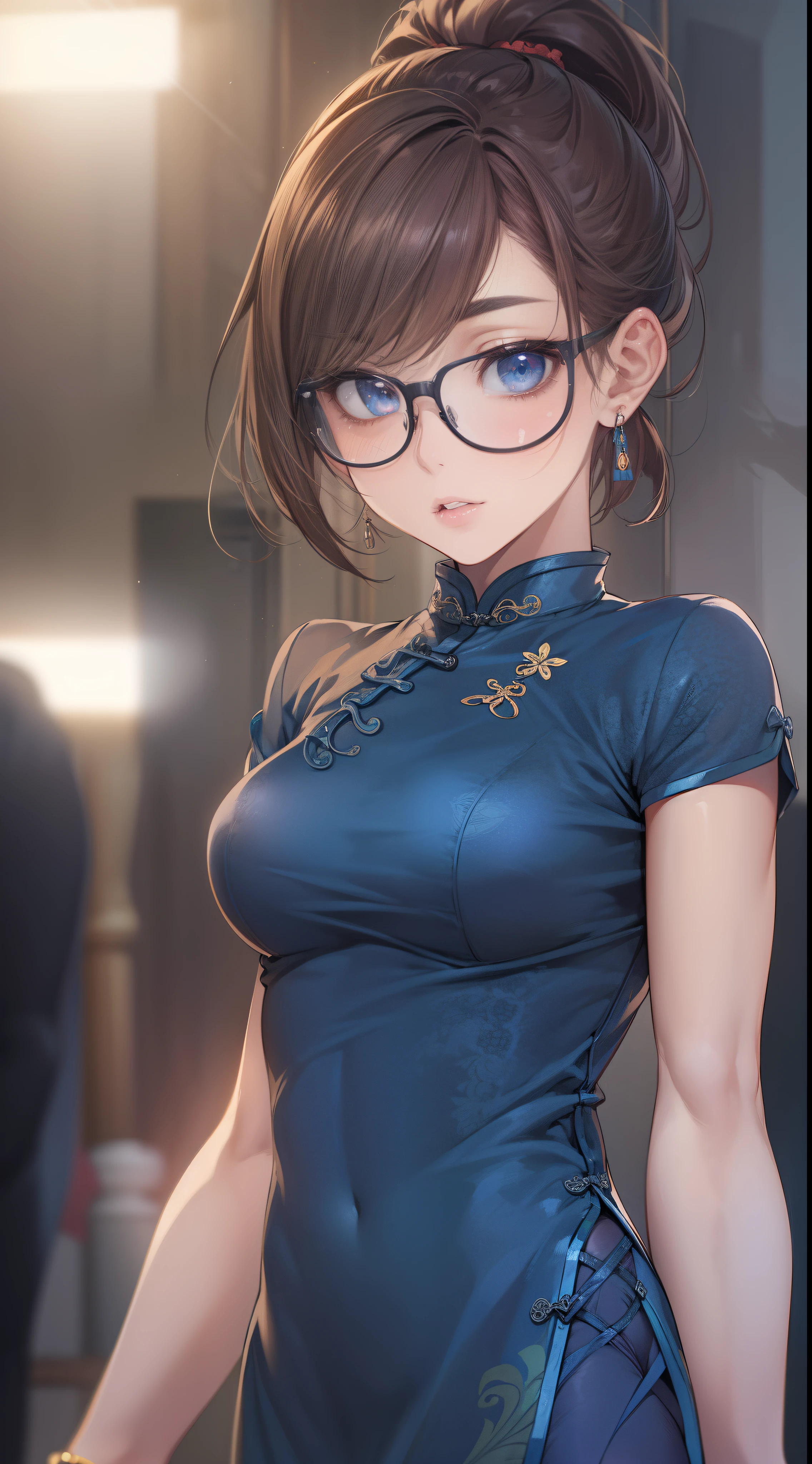 A woman in a blue dress and glasses standing in a room - SeaArt AI