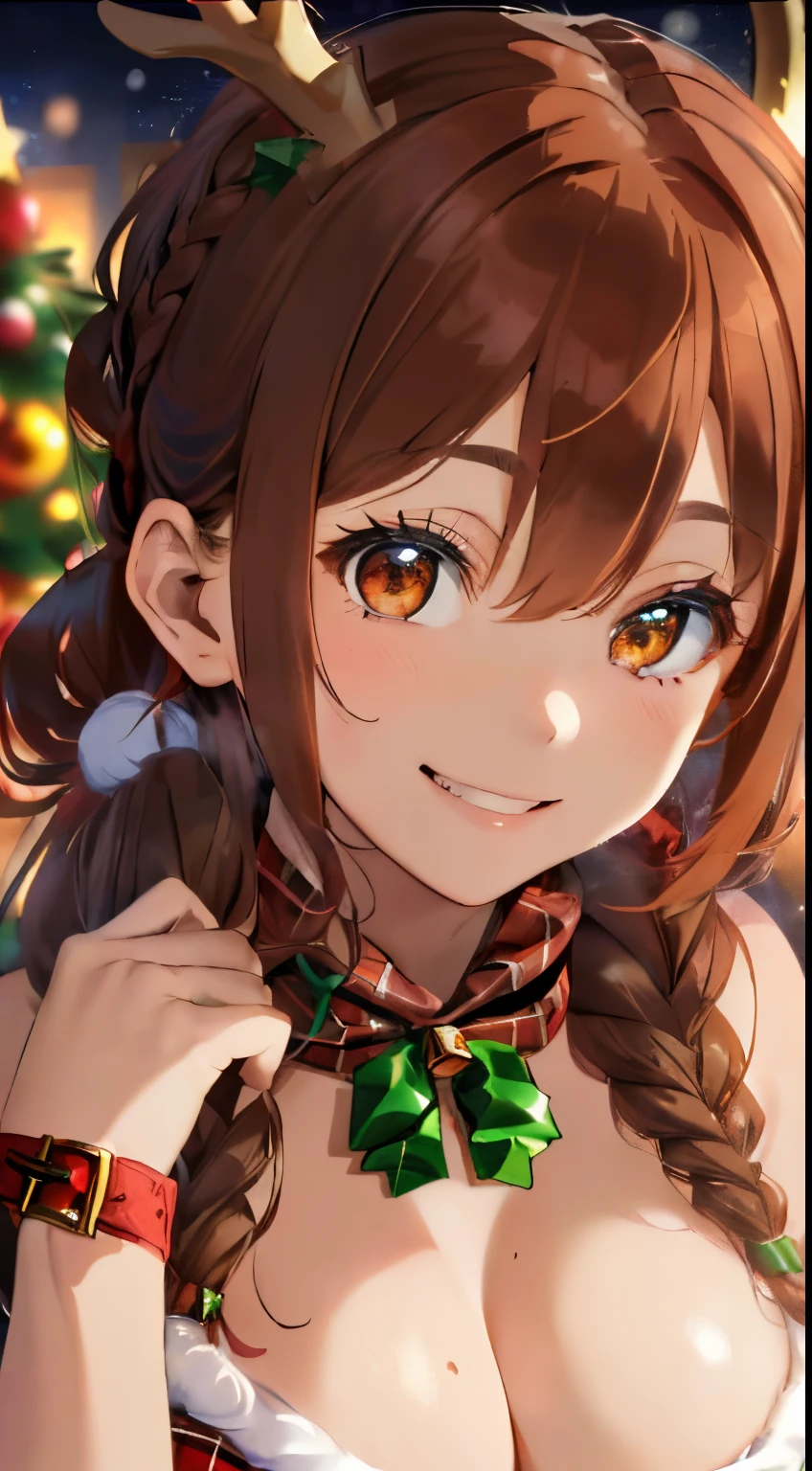 fluffy hair,((brown haired)),(Braided shorthair),Slightly red tide,((Brown eyes)),((Fluffy Santa Claus cosplay)),(Her chest is wide open and you can see her cleavage.),(She wears a red and green plaid scarf around her neck....),((reindeer hair band)),night illumination,(You can see a huge Christmas tree in the background,There are many presents and decorations scattered around...((close up of face)),(I&#39;ll give you a box of presents.),((Happy smile)),(Naughty face),((Gamine))