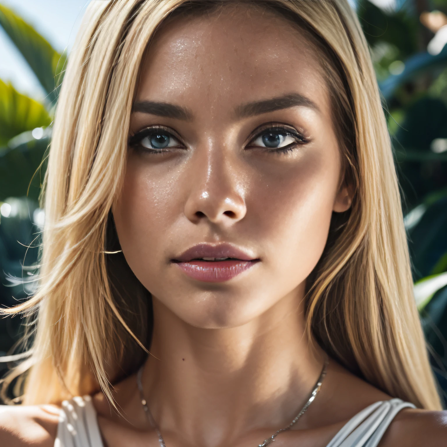 masutepiece, Best Quality, Photorealsitic, Ultra-detailed, finely detail, hight resolution, 8k wallpaper, RAW color photo, Professional, high level of detail, (detailed blue eyes), foco nítido, awardwinning photo, ((Facing the front)), ((Look at viewers)), Small light, Low contrast, Facial symmetry, depth of fields, Cinematic background, central image, Lights up softly, (finely detailed skin), pale skin, Realistic skin texture, Extreme skin details, (pores: 0.1), small bust with good shape, , slim figure, Hourglass body shape, ((women named Ava in Hawaii)), ((blonde girl))