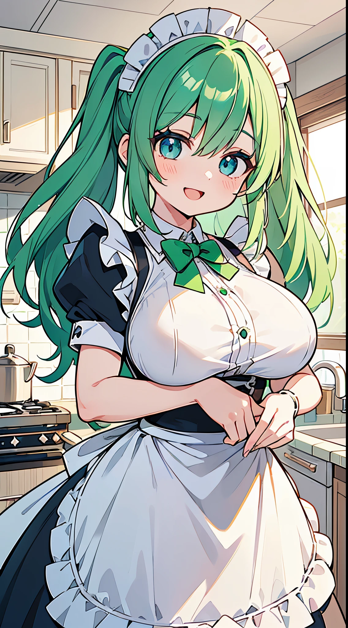 ((Pretty maid with green hair and blue eyes))、Loli face、((master piece、top-quality、ultra-definition、high resolution))、anime girl、((ultra-detailed illust:1.2))、only one person、bangs、hair between eye、beautiful hair、Beautiful eyes、super gigantic breasts、Big smile、opened mouth、in the kitchen