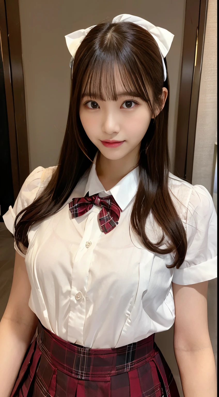 (smile:1.2),long hair,RAW portrait of (japanese woman),30 years old,photorealistic,ultra high res,best quality,masterpiece,
BREAK
(face focus:1.5),(front:1.3),(looking at viewer:1.2),brown eyes,(thin eyebrows:1.2),(diagonal bangs),
BREAK
(hand on own chest:1.1),(school uniform:1.1),(white short sleeve shirt:1.3),(red bow tie:1.2),(medium breasts:1.2),(brown_plaid_pleated_long_skirt),
BREAK
(hotel room),(luxury),(city night view),(night sky),closed big window,