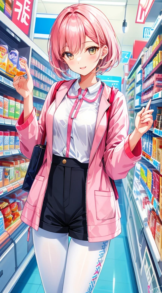 //Character 1girl,cheerful chekout clerk , perfect body, slim curve, ultra detailed face, super beautiful, innocent, cute girl, thin eyeblow, rond face, smiling full of compassion, half opened mouth, kissing face,beautiful short bobstyle, BREAK //Fashion uniform of a convenience store Attire, pale pink shirt and japanese happi coat with striped pattern and signature of the shop on it, white loose shorts, name tag, dark toned full length tights, ultra detail, complicated pattern on the tights BREAK at a checkout counter, at the convenience store , at noon , gentle light, Break standing, checking out sales items on the checkout counter
