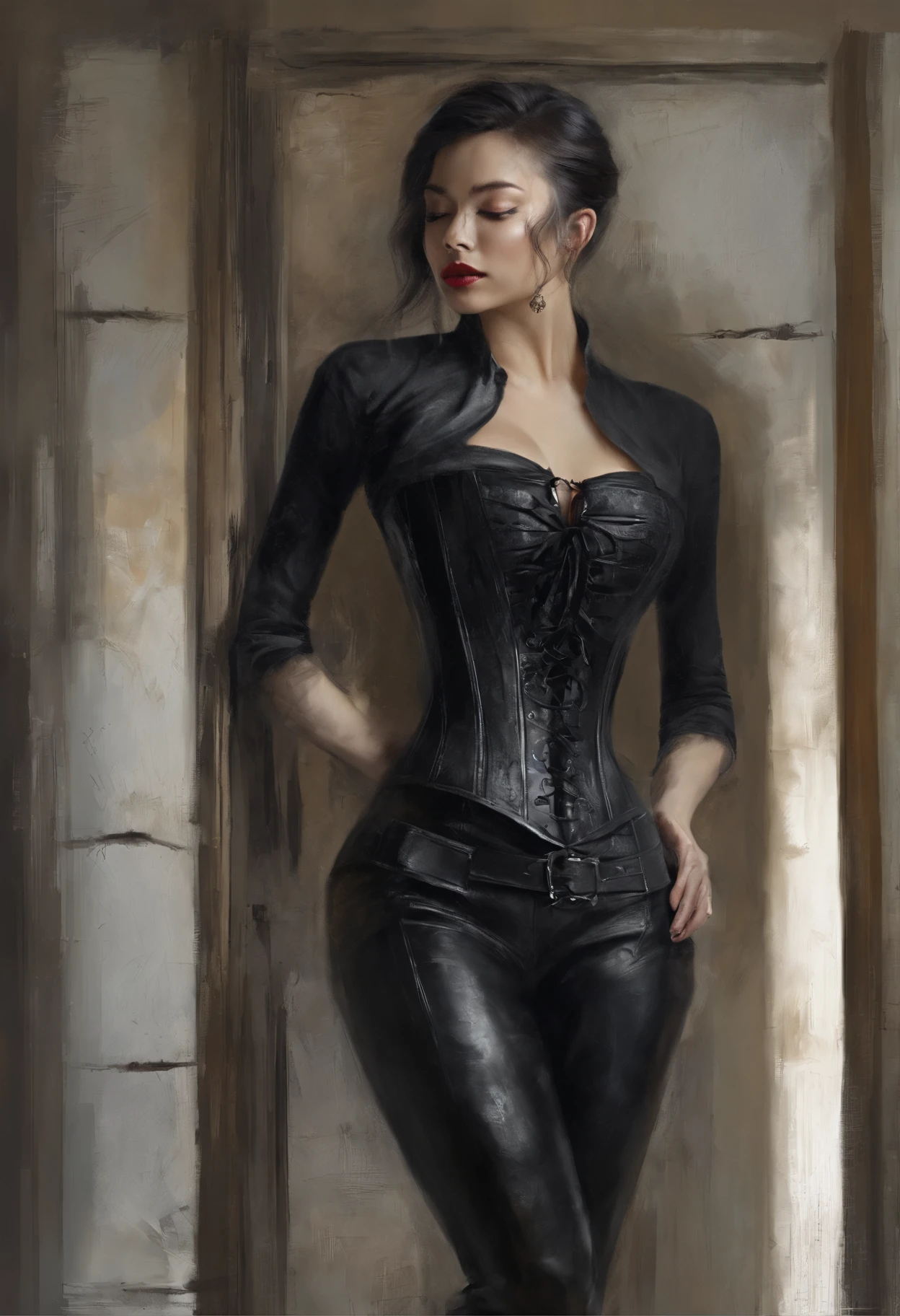Black corset,束缚、(in a prison cell)、full body Esbian、((top-quality、8K、​masterpiece:1.3))、Crisp focus:1.2、Beautiful woman with perfect body shape:1.4、Slender Abs:1.2、((layers-Cut、Colossal tits:1.2))、(Sateen、Street:1.2)、a wet body:1.5、Highly detailed facial and skin texture、A detailed eye、Bery short hair,BDSM,Slave,rubber