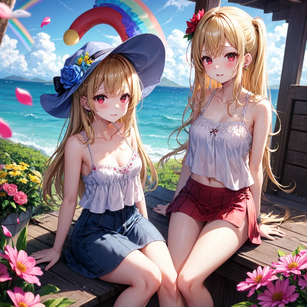 Girl with red hair, long ponytail, blue eyes, wearing a lace bikini with a blue bow, a beach hat with flowers, red flip-flops and a shell necklace, accompanied by a girl with short blonde hair, blue eyes, wearing a micro- yellow lace bikini with bow, fluffy lace and yellow heart-shaped glasses and yellow flip-flops with bow bottom of a paradisiacal beach with seagulls from mountain boats flying in the rough sea between rocks smiling hugging each other on a sunny day