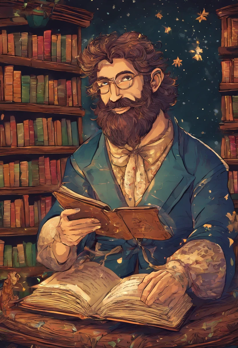 Man holding book, telling story and recording podcast for children, inside library