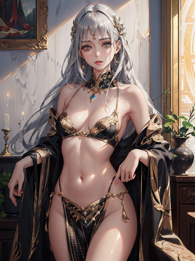 (Photorealistic:1.4), (Masterpiece, Sidelight, Exquisite Beautiful Eyes: 1.2), Masterpiece, Realistic, 3D Face, Glistening cold Eyes, Glossy Skin&long silver hair,bangs ,Small, gold intricate outfits,Solo,(Abdomen),