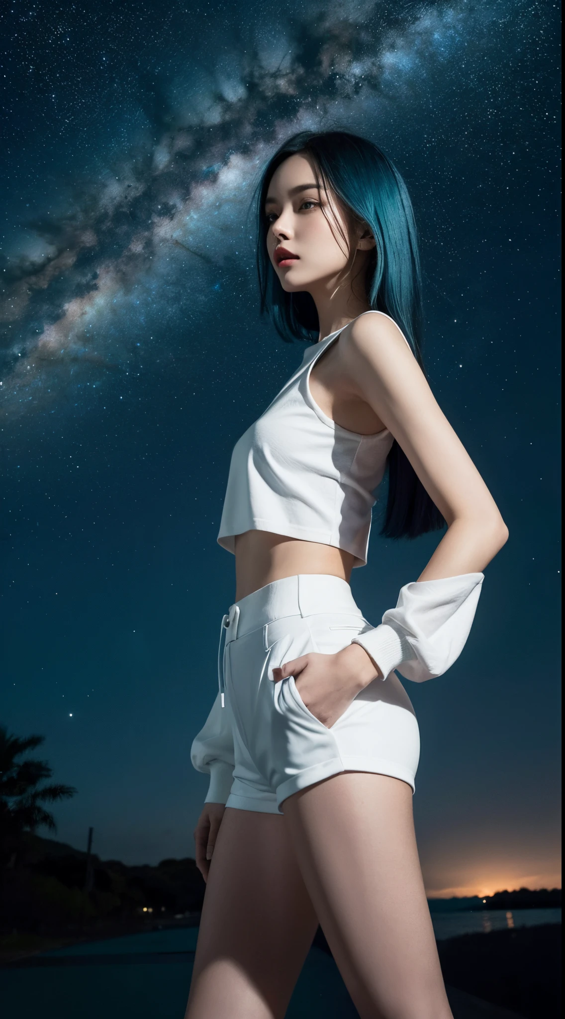 Generate an image featuring a woman with diverse characteristics, including mesmerizing teal-colored hair, a fashionable white cropped top paired with sleek black shorts. Capture the scene from a low-angle perspective, showcasing the night sky filled with glittering stars as a backdrop. Emphasize the contrast between her outfit and the celestial beauty above, creating a visually captivating composition that highlights both the stylish attire and the enchanting night sky. Incorporate modern design elements in the 2D background to enhance the overall visual appeal of this unique and fashion-forward representation.