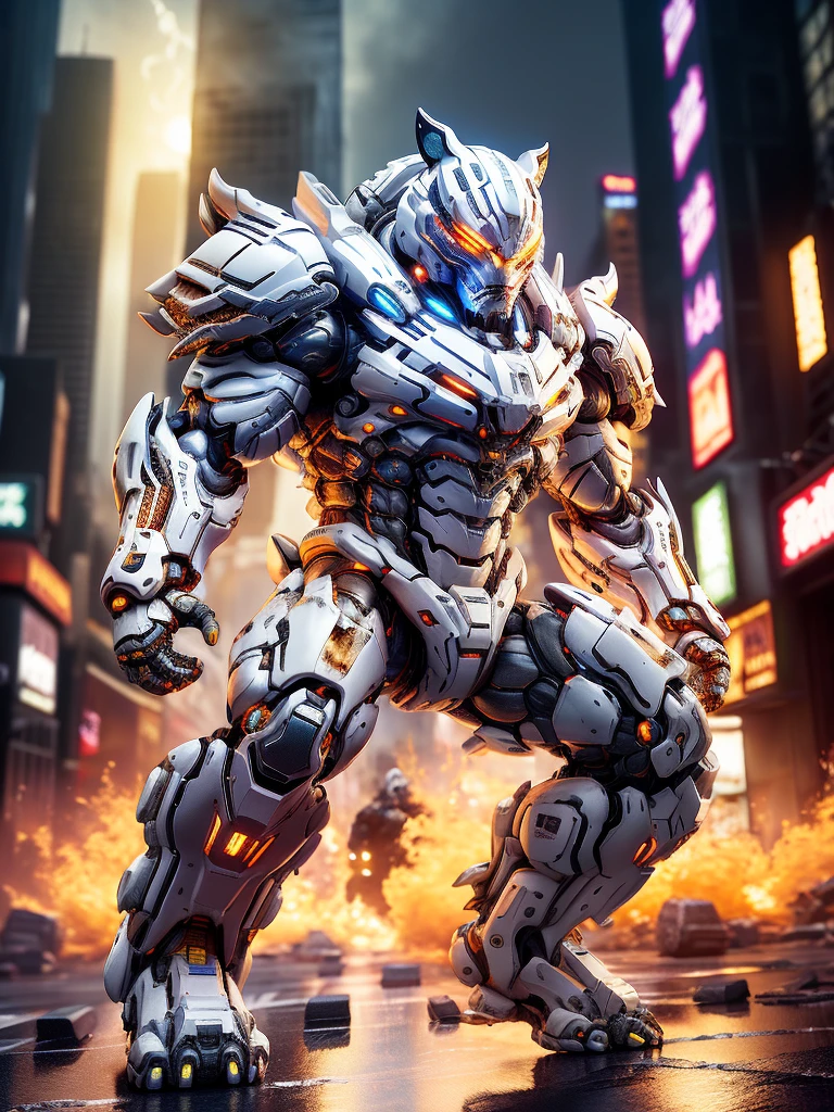 （anthropomorphic turtle：1.5），（fully body photo），cyber punk personage，middle，1 White Tiger Mecha（Mechanical white tiger head，white luminous goggles，Gas masks，Muscular limbs，Muscular），Stand on both legs，((Sharp claws))，Mechanical Wonder，Damage to mechanical components，without humans，rays of moonlight，Fantastic brilliance，Destroyed cities，（globalillumination、ray traycing、HighDynamicRange、Unrealistic rendering、Rational design、tmasterpiece、Best quality、hyper HD、电影灯光）