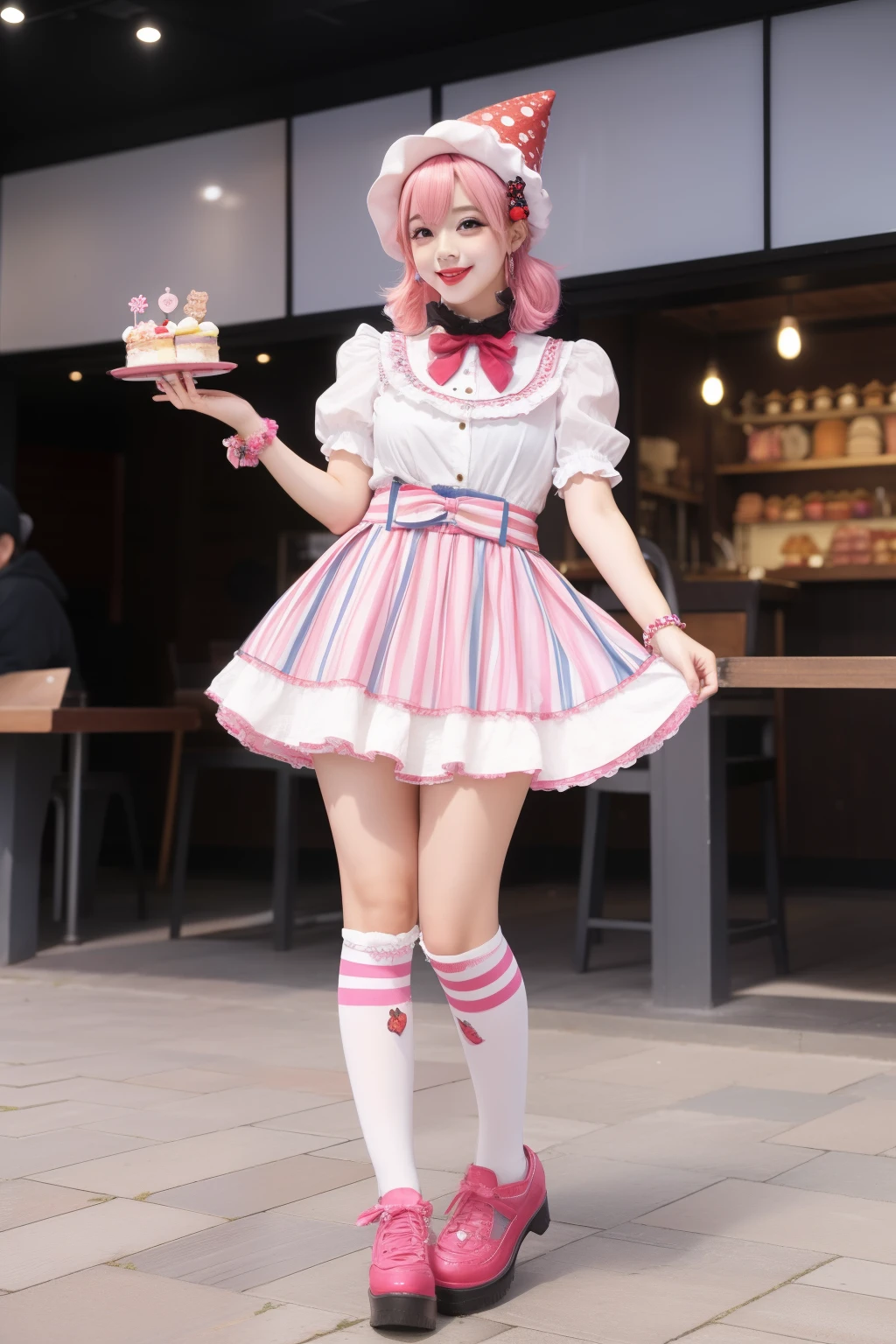 Female idol covered in shortcake、full body Esbian、、Clown fashion full of shortcakes、Clown hat、、pinkhair