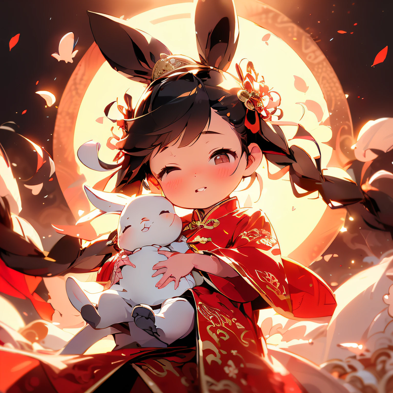 (1baby,solo:1.5),solo,looking at viewer,braid,petals,wind,black hair,brown eyes,closed mouth,floating hair,red eyes,chinese clothes,lips,single braid,jewelry,Ancient China,dragon,red clothes,