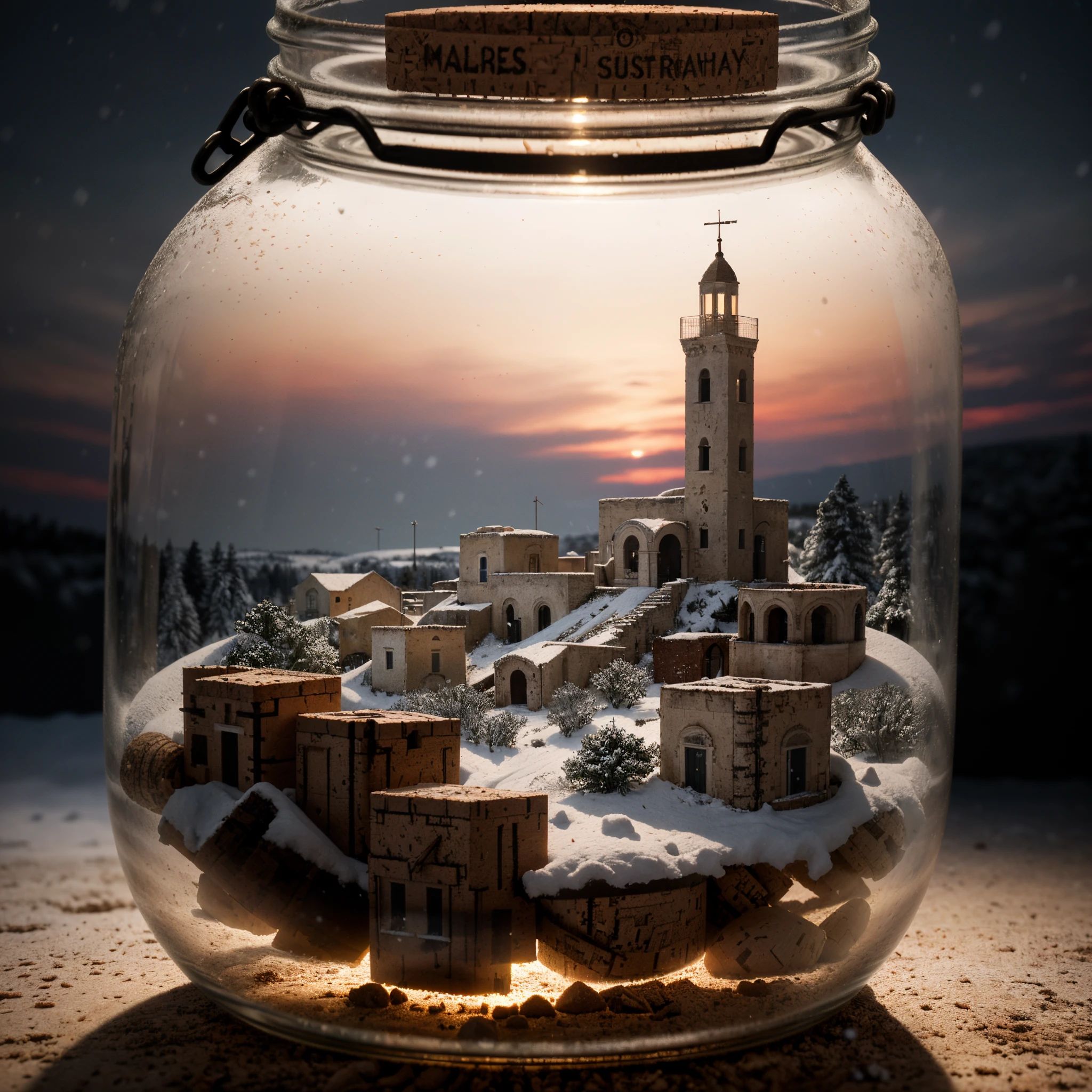 (An intricate minitown Matera landscape trapped in a jar with cork), atmospheric greenish lighting, Realism, film grain, super detail, on a white desk, it's snowing inside the jar. 4k UHD, dark vibes, hyper detailed, vibrant colors reddish sky background, epic composition, octane render, sharp focus, high resolution isometric, closeup view.