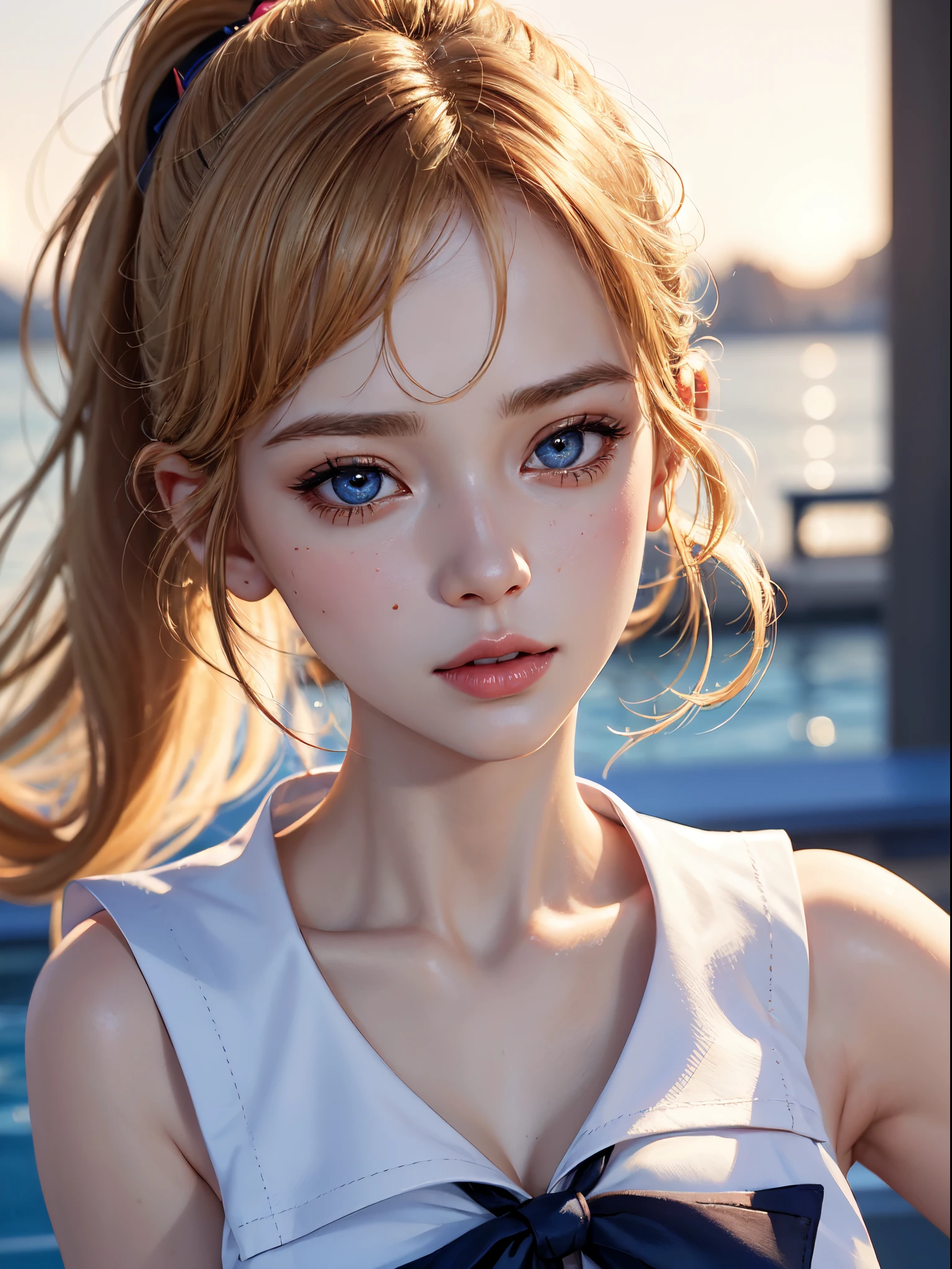 masterpiece, best quality, high quality, High definition, High quality texture, High quality shadow, high detail, beautiful detailed, finely detailed, extremely detailed cg, detailed texture, a realistic representation of the face, realistic, colorful, delicate, Cinematic Light, sidelighting, Lens Flare, Ray tracing, sharp focus, (intricate details, makeup, PureErosFace_V1:0.5), (detailed beautiful delicate face, detailed beautiful delicate eyes, a face of perfect proportion, high detailed skin, detailed skin, best ratio four finger and one thumb, upper body shot, (large breasts), (cleavage), ((Smooth texture, Realistic texture, Photorealistic)), (Detailed beautiful eyes, Beautiful eyelashes, emerald eyes), (blonde semi long hair, ponytail), 1 woman, at poolside, (((sailor shirt, Sleeveless, Open front))), (Beautiful face, Cute face, Detailed face), (((Sunny))), Perfect Eyes Eyes