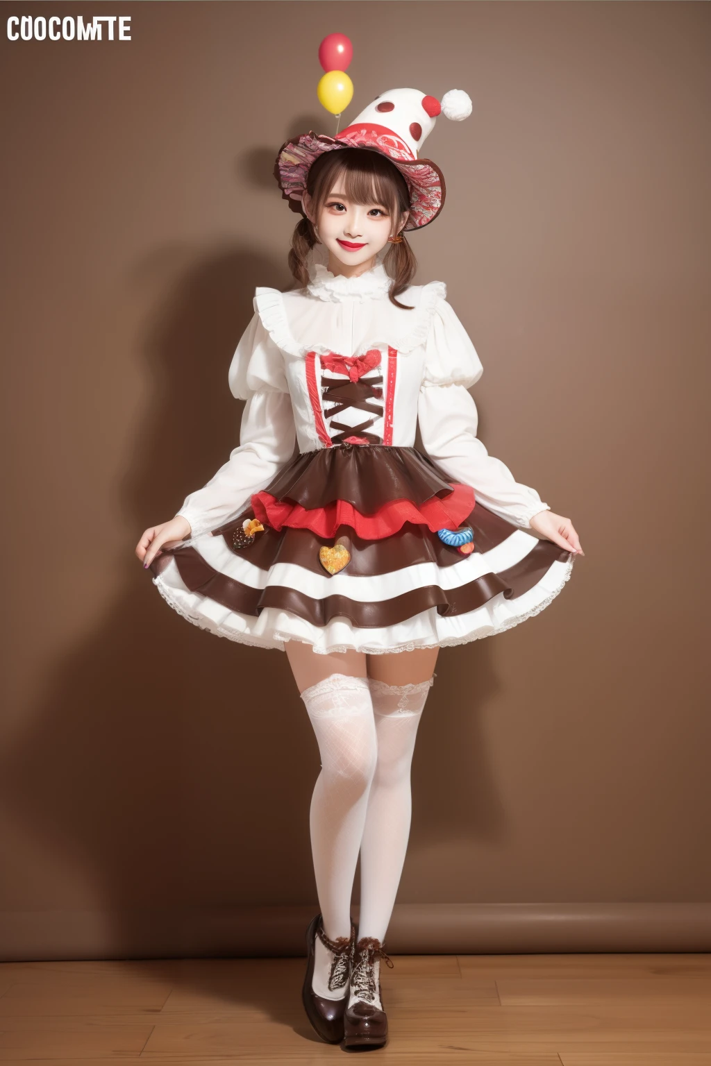 Female idol covered in chocolate cake、full body Esbian、、Clown fashion full of chocolate cake、Clown hat、、