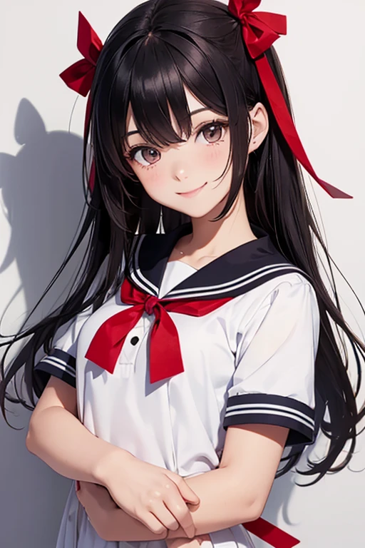 Smiling dark-haired girl in white sailor suit with red ribbon