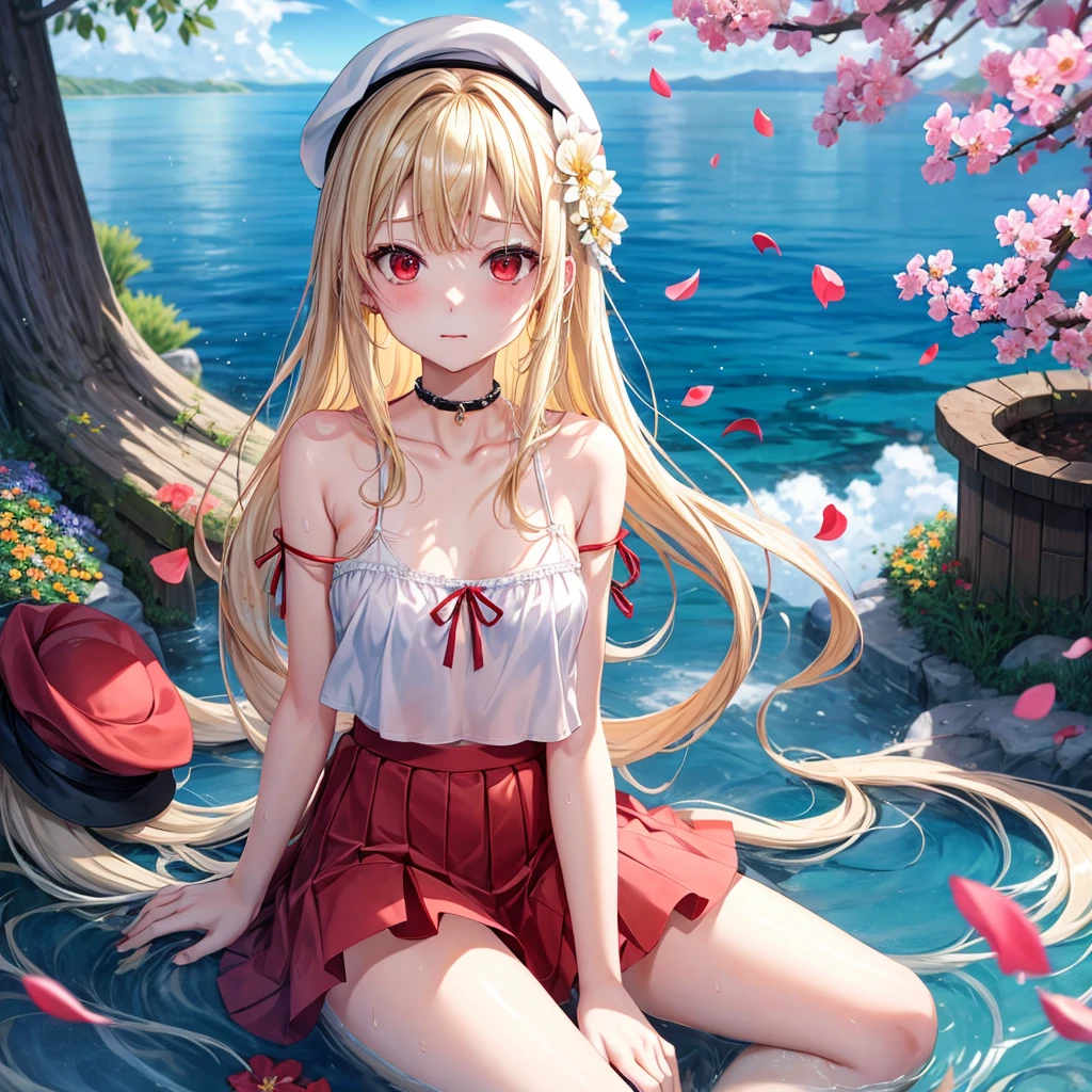 a blond、red eyes、1 pretty girl、animesque、lightly dressed、a miniskirt、sitting on、flower petals、bare-legged、wetting hair、Hats、piercings、Camisole-wearing、sea of clouds、There is a rainbow hanging over it