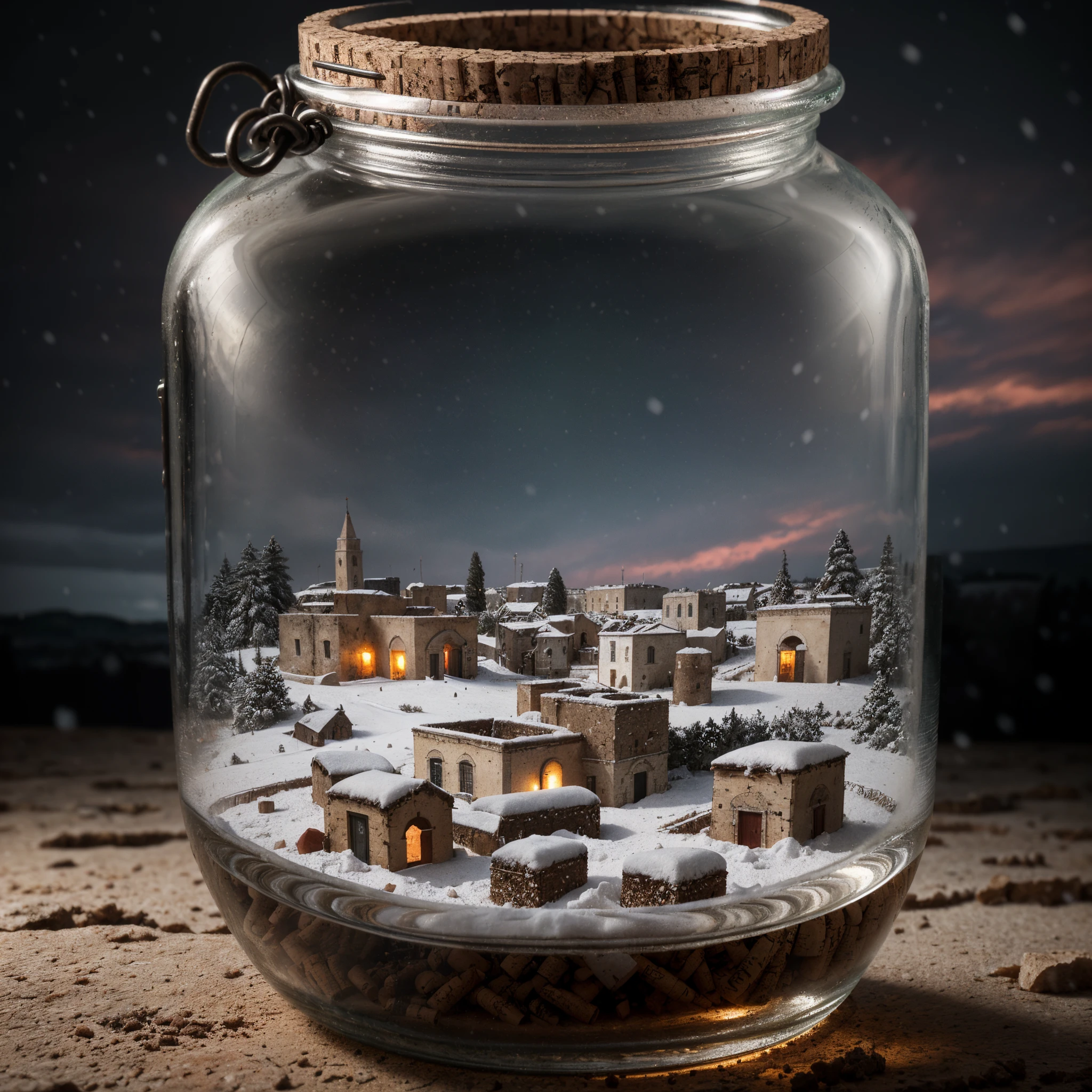 (An intricate minitown Matera landscape trapped in a jar with cork), atmospheric greenish lighting, Realism, film grain, super detail, on a white desk, it's snowing inside the jar. 4k UHD, dark vibes, hyper detailed, vibrant colors reddish sky background, epic composition, octane render, sharp focus, high resolution isometric, closeup view.