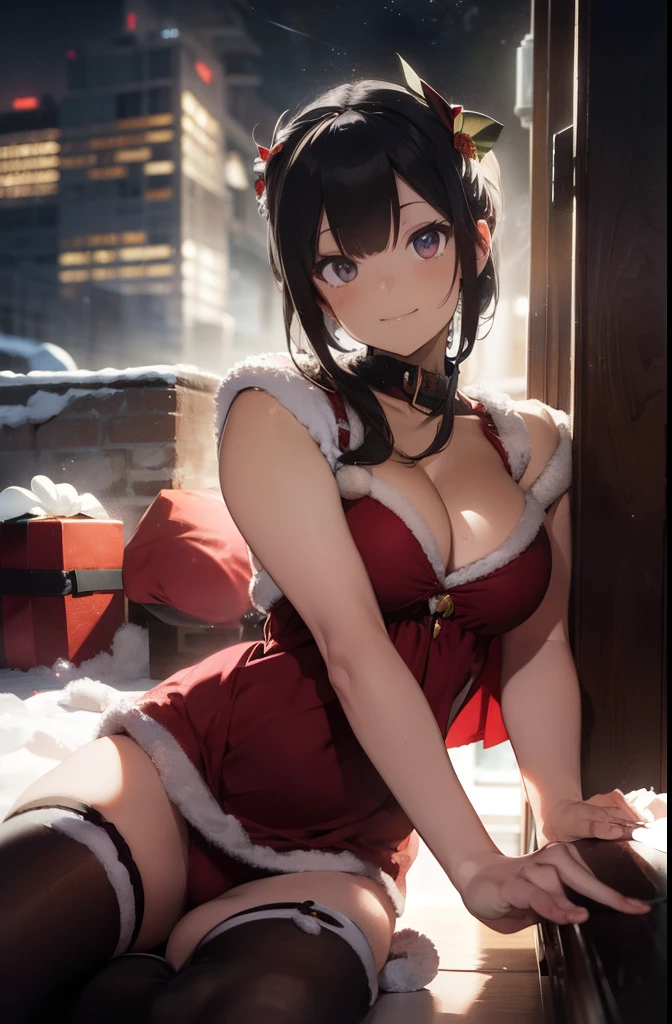ultra-quality, ultla highres, Hyper Detailed, High contrast, Ultrafine Strike, creative refinement,A dark-haired,ssmile,Santa Claus Costume,Show cleavage,livingroom,5 fingers
