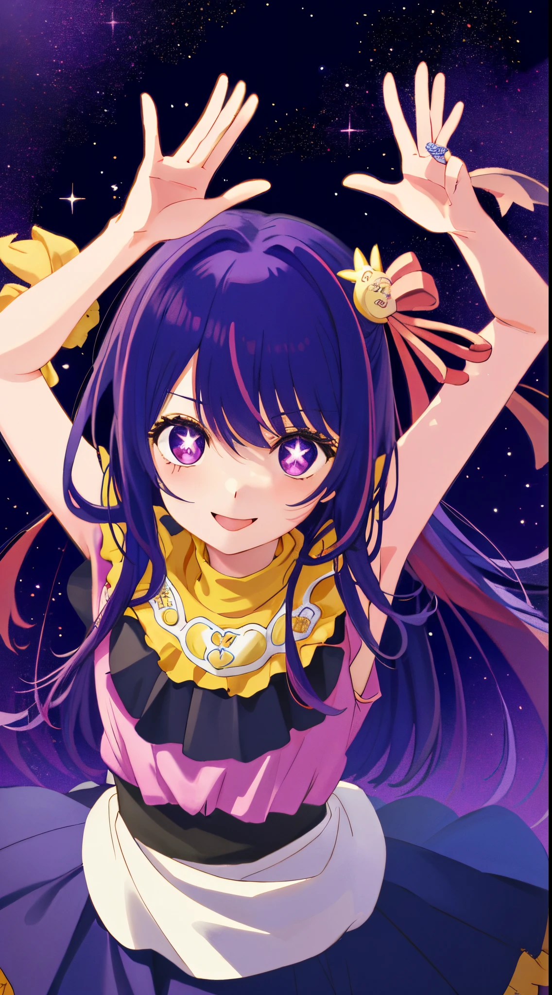 HshinoAi、gloves、tongue-out、tongue、The long-haired、stele\(Symbols\)、Look at viewers、(purple color hair:1.2)、a purple eye、The upper part of the body、hair adornments、frilld、PINK SHIRT、A smile、Sleeveless、The shirt、Idol、Symbol-shaped pupil、raise two hands、bangss、One side up、Star-shaped pupil、with arms up、dress pull、Roaring 20s、Isoscale、cliff、1girl in、(Rembrandt)、illustratio、(top-quality)、(Ultras_Detailed)、finely detail、(depth of fields)、 piece sign、top-quality、hight resolution。Dynamic, shout out, the kiss, hustle, Striking eyes, I'm confident lol, Overhead view, hight resolution, Profoto, stage, The Flash, 1girl in, 独奏, Japan cartoon idol singer, The upper part of the body, Standing microphone, Pastel tones