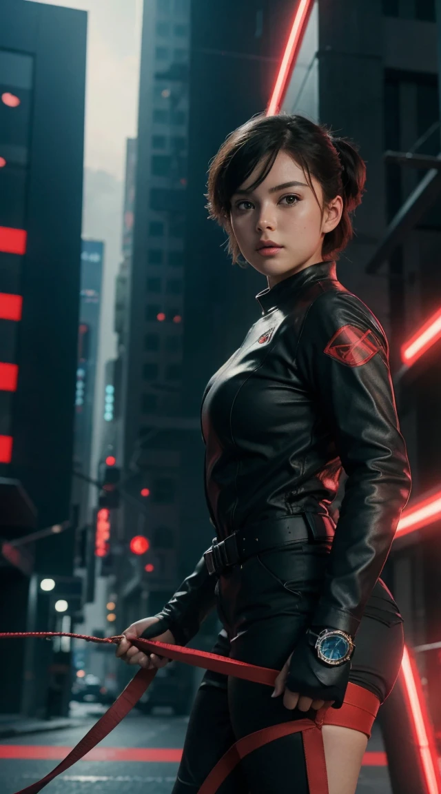 Best image quality, outstanding detail, ultra high resolution, (realism: 1.4), best illustration, prefer details, futuristic high-tech motorcycle, standing posture, Kiki posing, background is a high-tech lighting scene of futuristic city, slit, red ribbon, kiki, gigi, active,