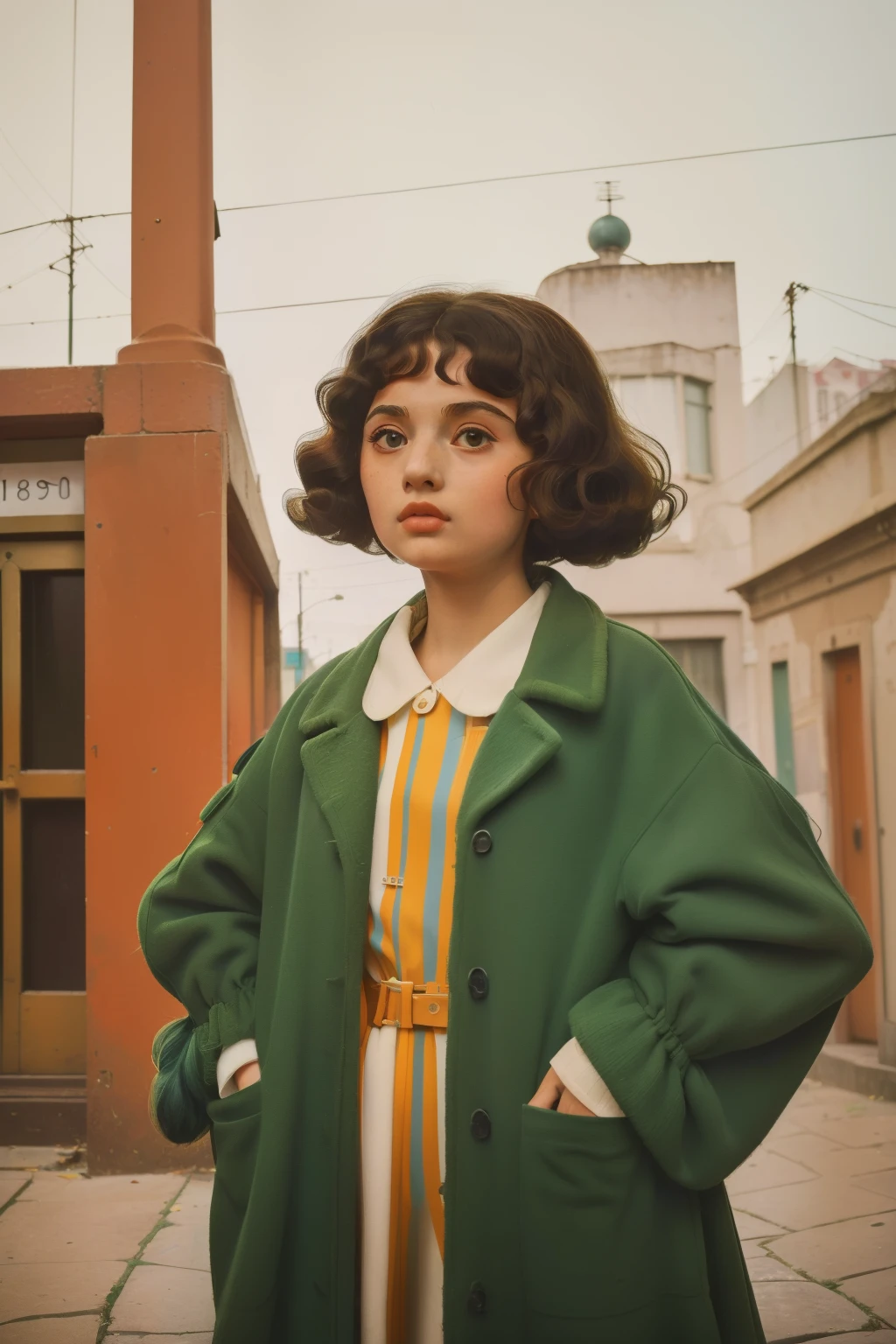 1965, Italy. Pre-raphaelite ((((9-year-old)) Momo)), homeless girl, messy short curly hair, oversized coat, city street, big turtle, ((((big and unkempt Clothing from the 1960s)))), ((curly Hairstyle of the 1960s)), ((Wes Anderson cinematic style)), colorful