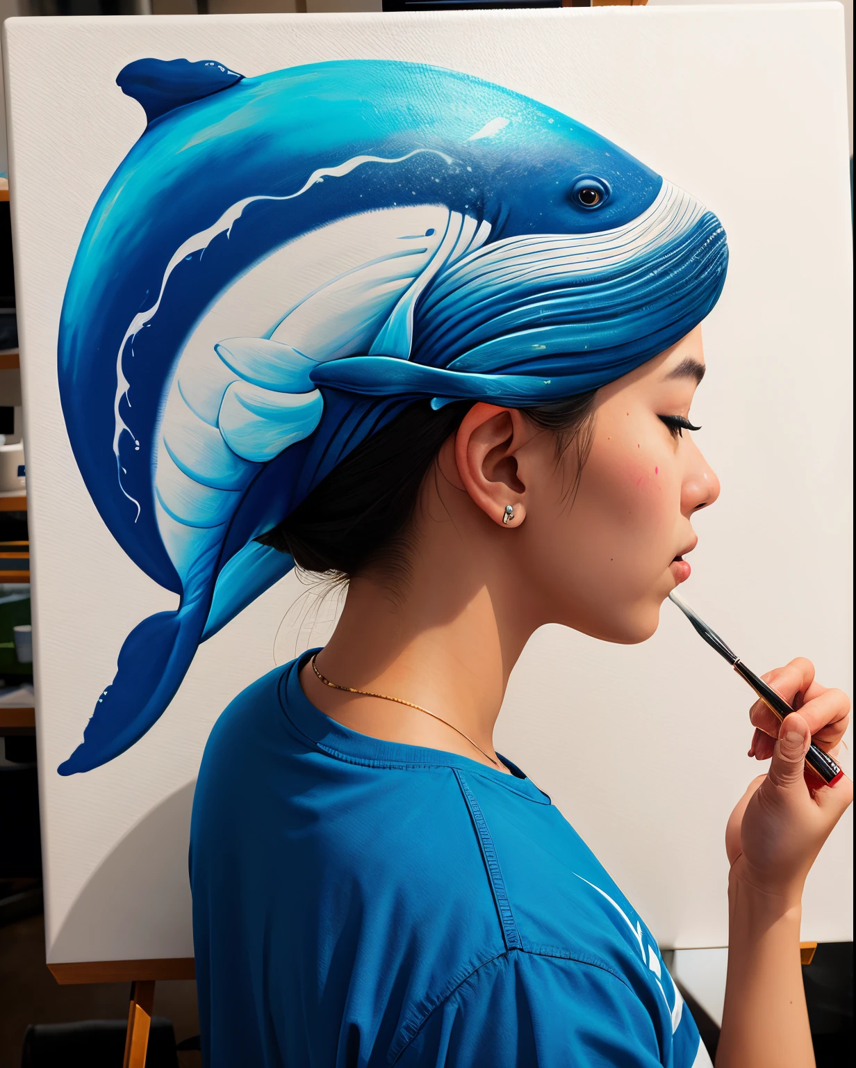 Whale painting on human head with acrylic technique on canvas