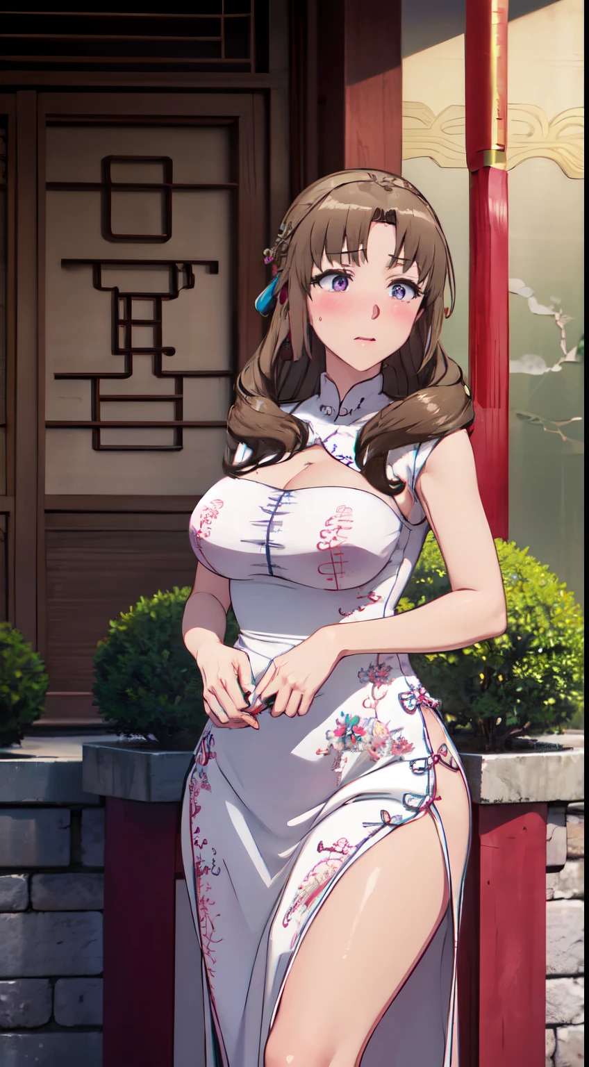 masterpiece,best quality,High resolution,Fine details,solo,Adult Woman,blush,curvy,Large breasts,Sweat,Oily skin,((China dress with pink embroidery)),(Chinese style castle),Frontal