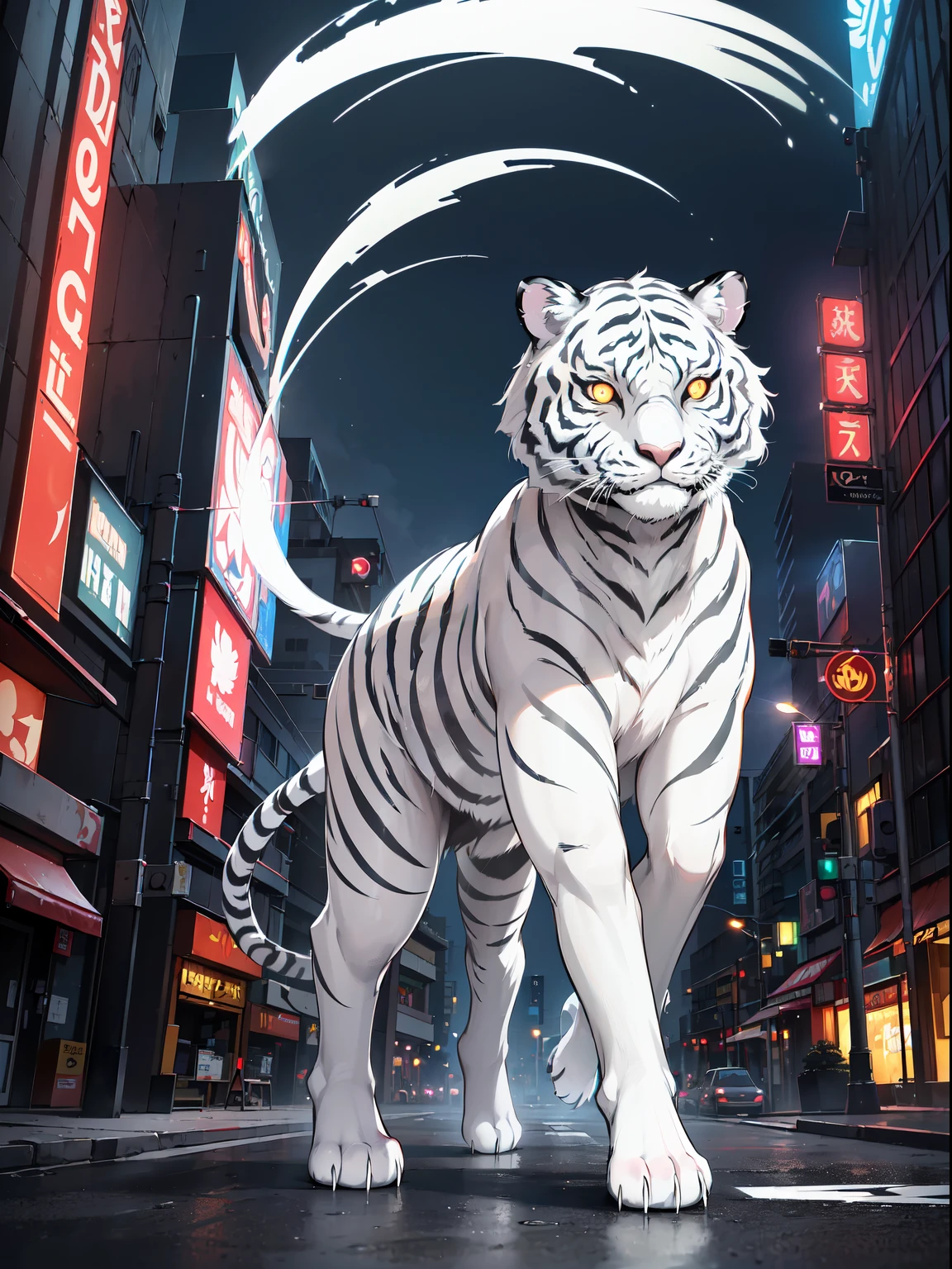 (RAW Photos, Best Quality), (animesque: 1.2), (((the white tiger))), (quadrupedal walking), ((Surrounded by a pale aura:1.2)), (((Glowing eyes))), Soft lighting, High quality, Cityscape, street, Night, Neon light, Professional Lighting, Photon mapping, Radio City, Physically Based Rendering,