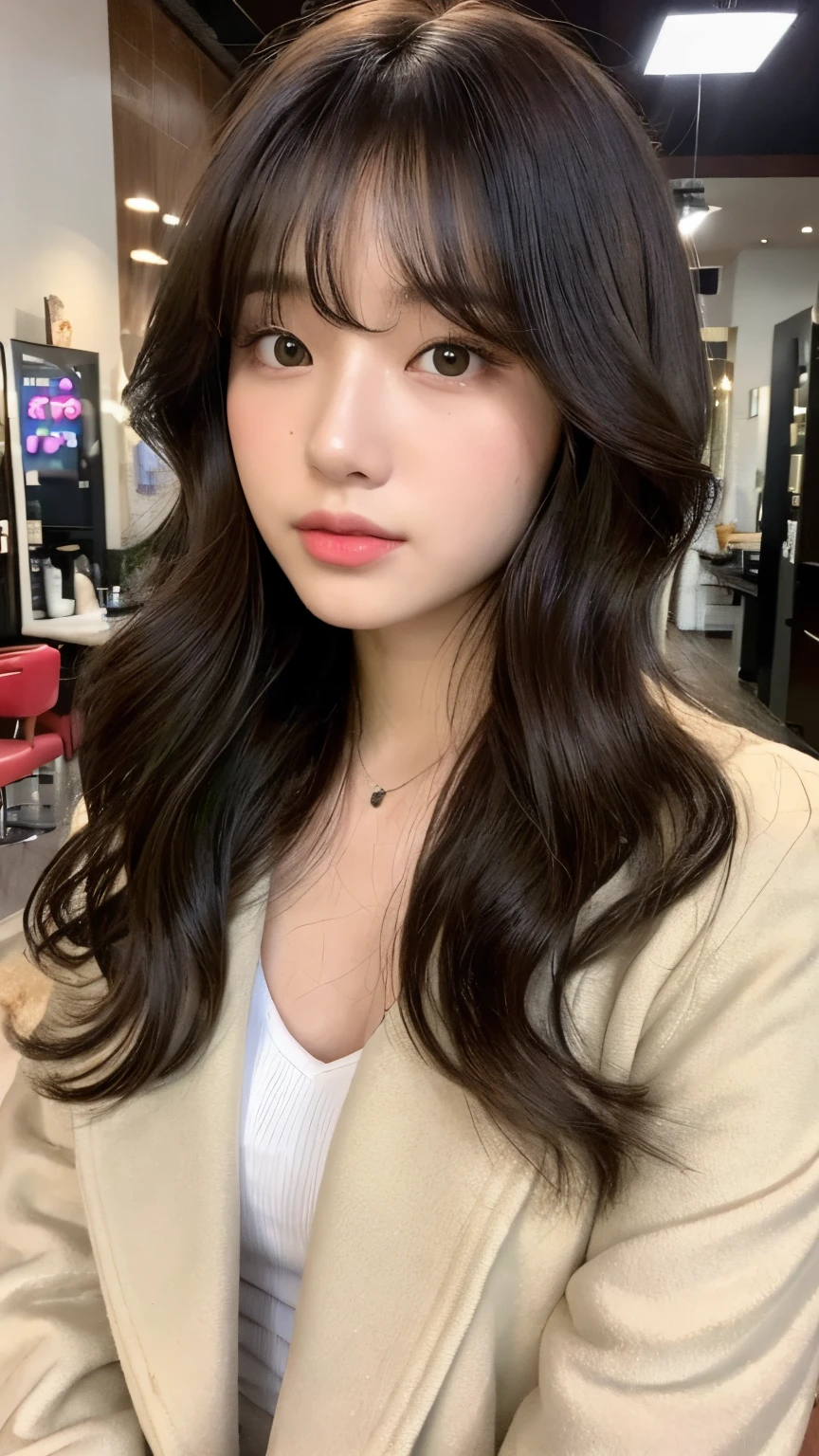 (top-quality、16K resolution)女の子1人、独奏、natural soft light、small tits、A Japanese Lady、Looking at the camera、long coat、(Beauty Salon Background)、Facing the front、is standing、bobhair、Woman in her late teens、Light bangs、short-hair、Salon model、Natural look、portlate、floated hair、Hair curled with a 32mm curling iron、A dark-haired