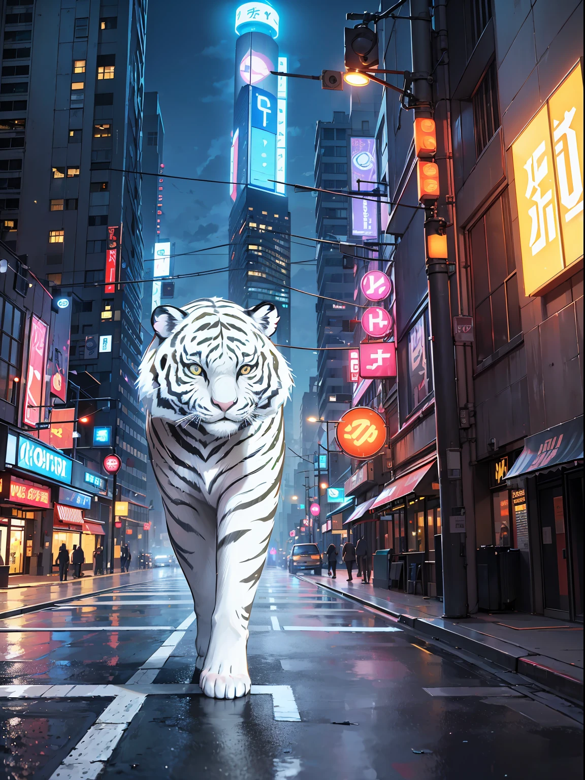 (RAW Photos, Best Quality), (animesque: 1.2), Soft lighting, (((White tiger walking))), High quality, Cityscape, street, Night, Neon light, Professional Lighting, Photon mapping, Radio City, Physically Based Rendering,
