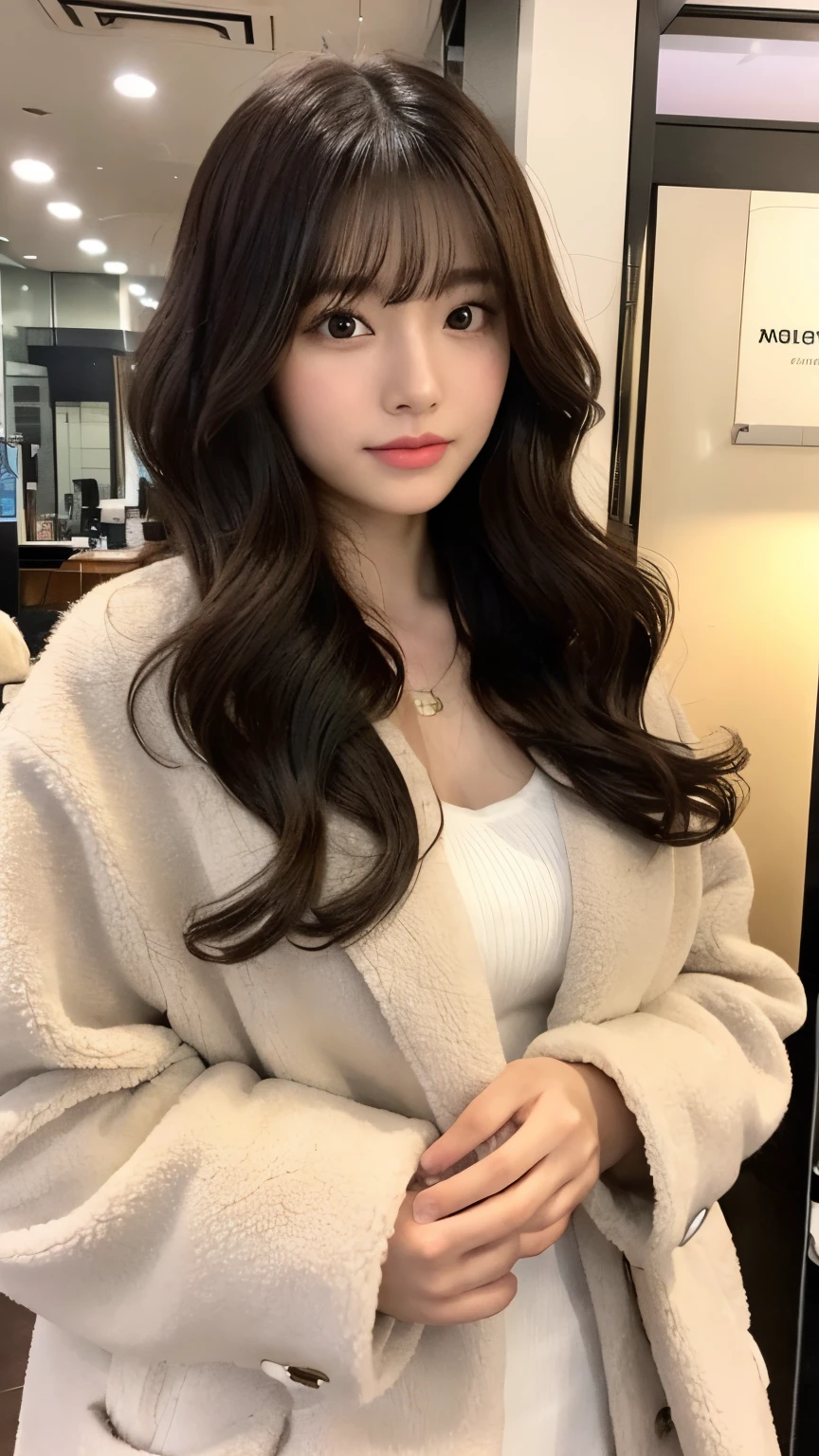 (top-quality、16K resolution)1人、独奏、natural soft light、small tits、A Japanese Lady、Looking at the camera、long coat、(Beauty Salon Background)、Facing the front、is standing、bobhair、Woman in her late teeight bangs、short-hair、Salon model、Natural look、portlate、floated hair、Hair curled with a 32mm curling iron、A dark-haired