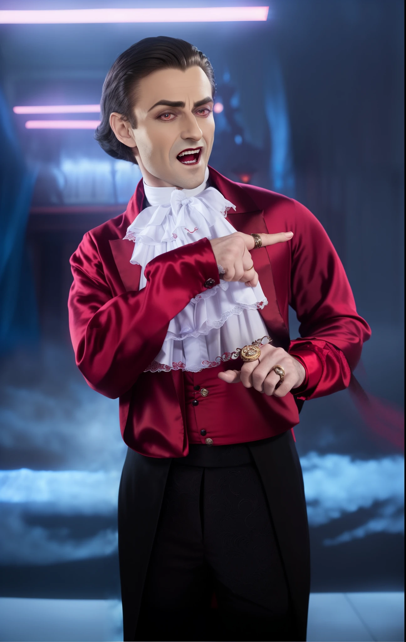 arafed man in a red shirt and black pants pointing at a glass, male vampire, red tailcoat, high quality theatre costume, skinny male magician, victorian vampire, wearing aristocrat robe, handsome male vampire, wearing dramatic aristocrat robe, amusing, photo of a ghostly pirate, attractive magician man, 3 d, 3d, rim light, high quality costume