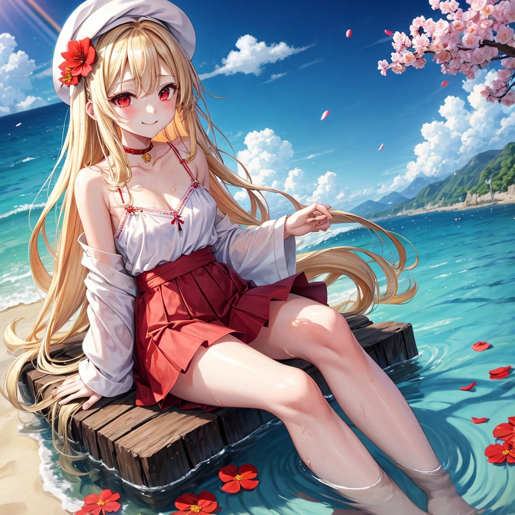a blond、red eyes、1 pretty girl、animesque、lightly dressed、a miniskirt、sitting on、flower petals、bare-legged、wetting hair、Hats、piercings、Camisole-wearing、sea of clouds、There is a rainbow hanging over it、a smile