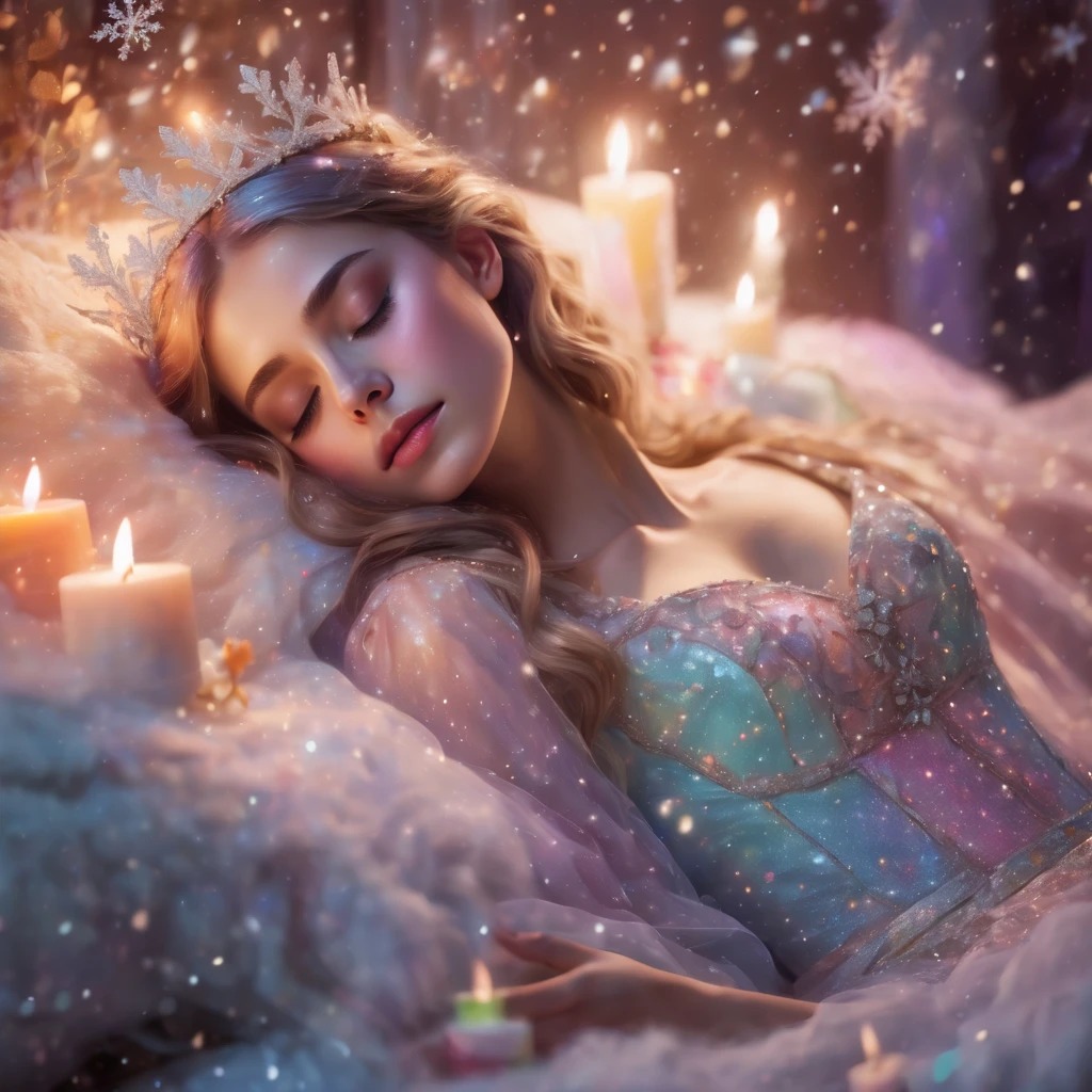 fairy princess is sleeping ,colorful holographic glitter light snow falling,At night,Many snowflakes are shining ,pastel colors and white dress,decorated with many candles,romantic atmoshere, complex brush strokes, Beautiful lighting, colour grading, Unreal Engine, creative, Expressive, Stylized anatomy, Digital Art, Adobe Photoshop, Well-developed concept, Clear personality, Consistent style, hardware*