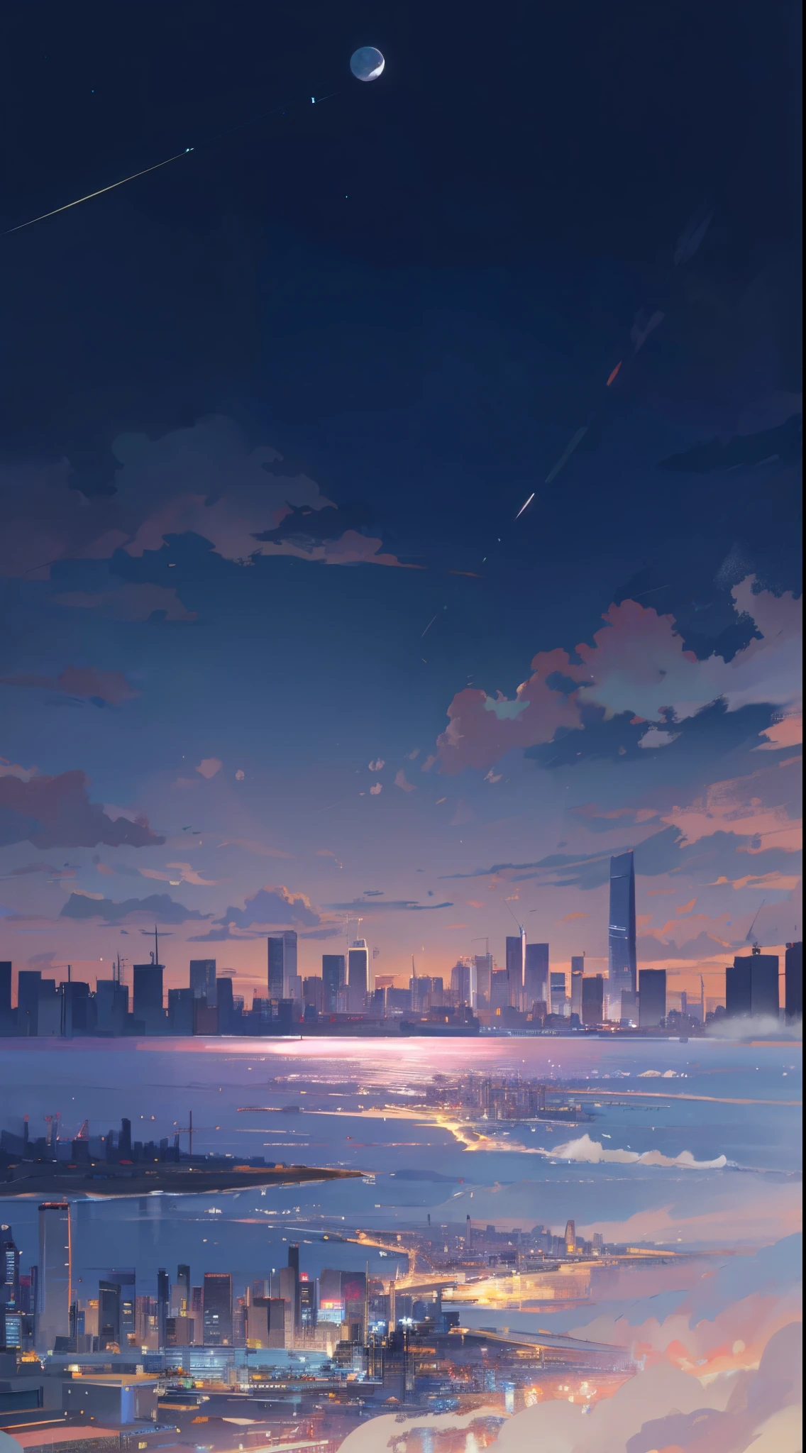 8K,high high quality!!Detail Enhancement!!Highest image quality!!Night city skyline painting,There is a beach,The sea is spraying,There are layers of cumulus clouds in the sky and the moon is on the sea level., distant cityscape, distant city, city night scene, city in the distance, shiny city in the distance, city dusk landscape, calm evening. Digital illustration, looking over city, natta ; digitial painting, day cityscape, anime style cityscape, dusk skyline, Atmospheric. digitial painting, Speed painting, Twilight background