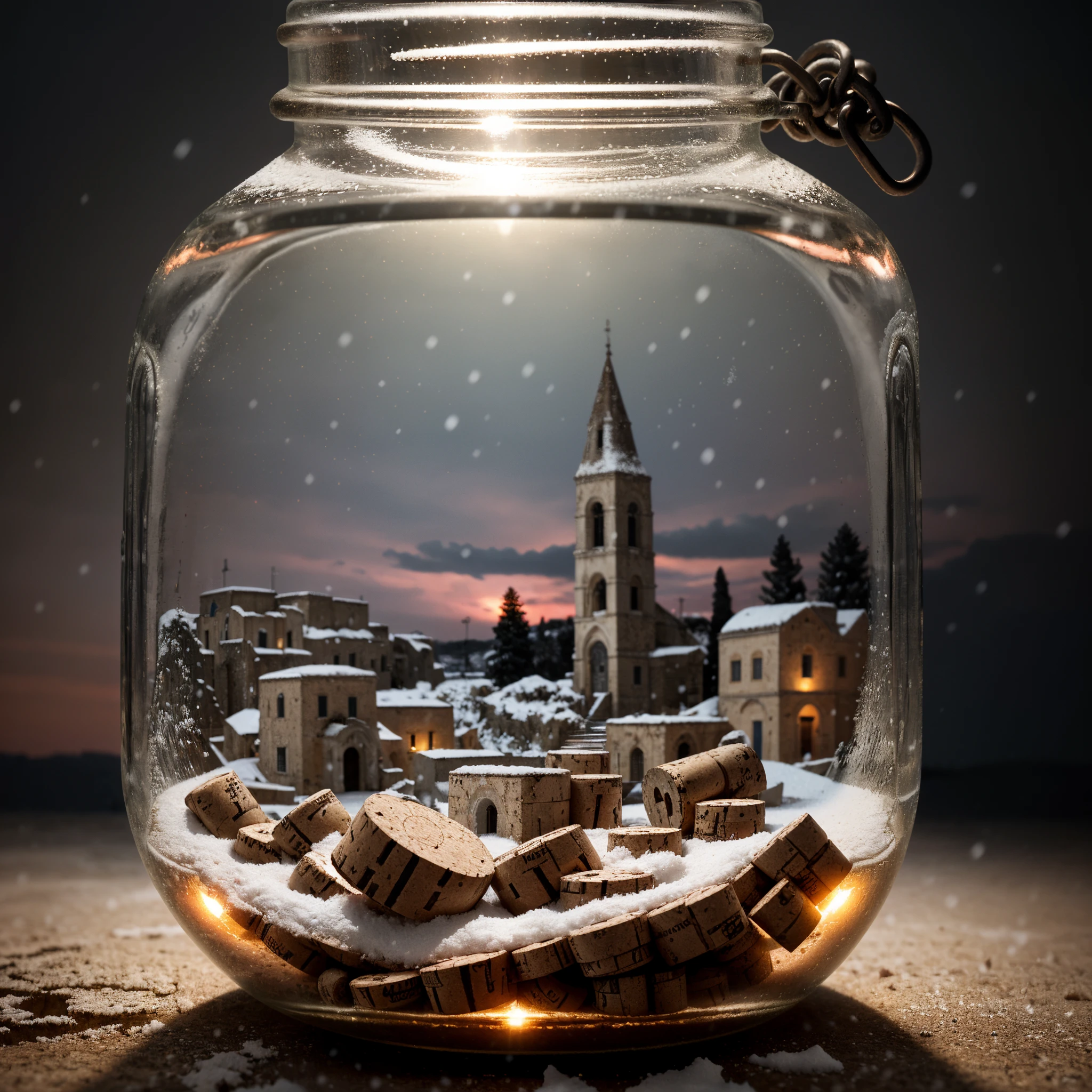 (An intricate minitown Matera landscape trapped in a jar with cork), atmospheric greenish lighting, Realism, film grain, super detail, on a white desk, it's snowing inside the jar. 4k UHD, dark vibes, hyper detailed, vibrant colors reddish sky background, epic composition, octane render, sharp focus, high resolution isometric, closeup view.