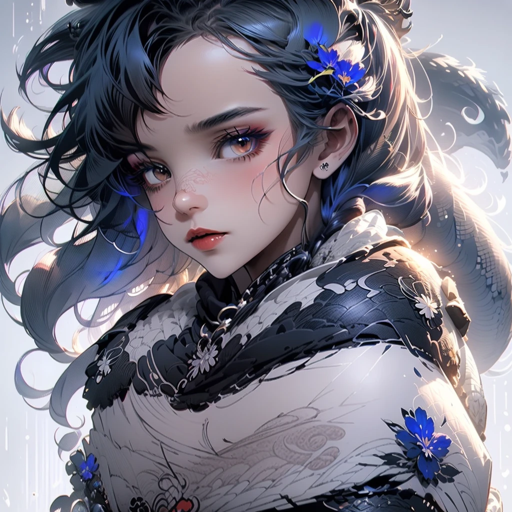 (masutepiece),Best Quality,Illustration,Art Nouveau,Sumi-e,Portrait,Only_1girl in_Face,(White background:1.4),(the Extremely Detailed CG Unity 8K Wallpapers:1.1),(Colorful:0.8),,(Solo:1.2), (Ink splashing),(splashes of colour),((watercolor paiting)),flowers background,Outdoors,boulders,Soft smile,pure,(Beautiful),Detailed and complex patterns,colorwater,(Face Focus),Looking at Viewer