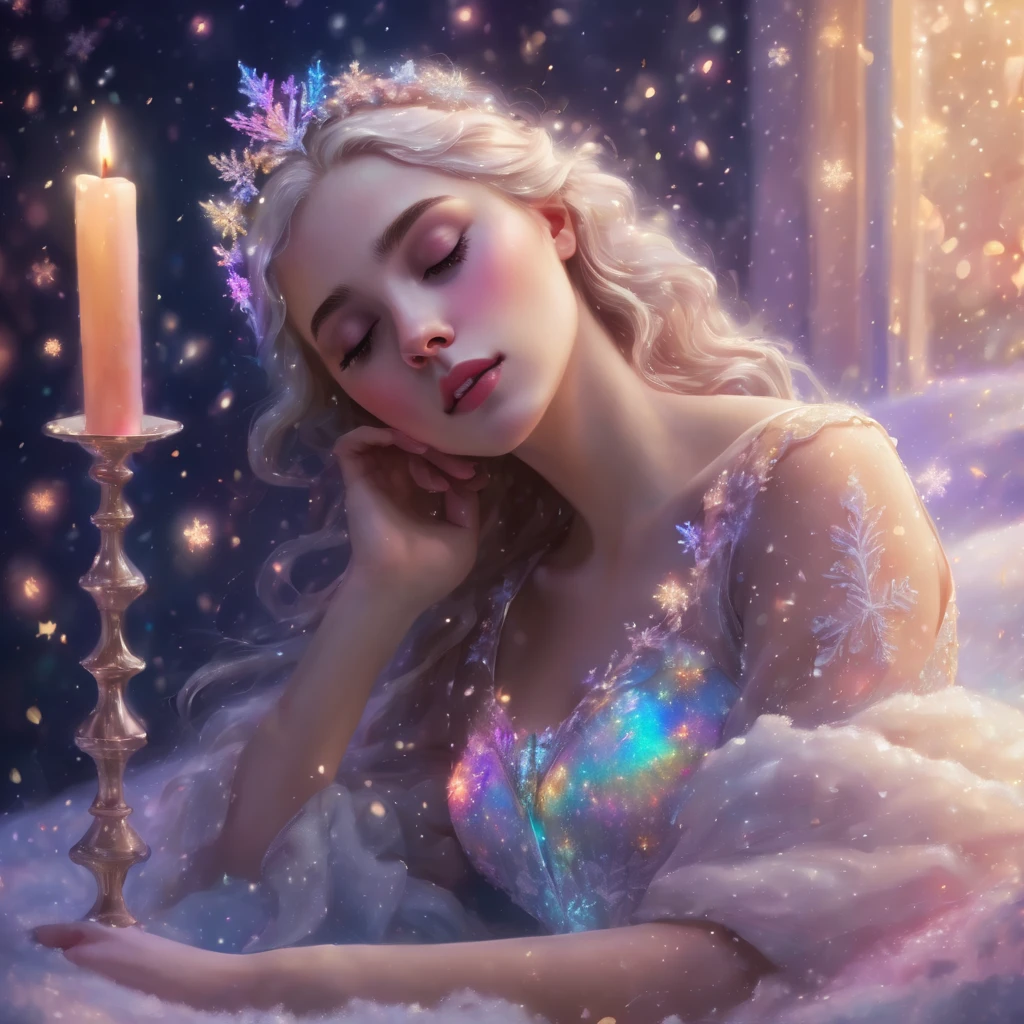 fairy princess is sleeping ,colorful holographic glitter light snow falling,At night,Many snowflakes are shining ,pastel colors and white dress,decorated with many candles,romantic atmoshere, complex brush strokes, Beautiful lighting, colour grading, Unreal Engine, creative, Expressive, Stylized ???????, Digital Art, Adobe Photoshop, Well-developed concept, distinct personality, Consistent style, hardware*