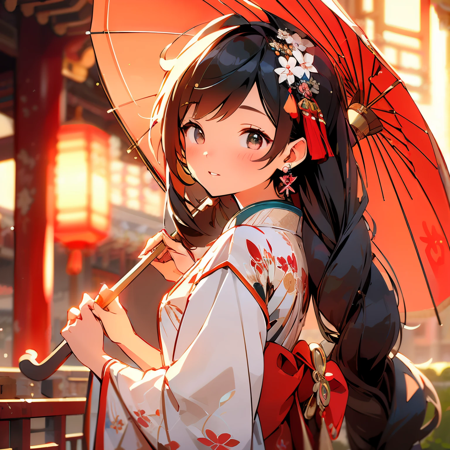 (masterpiece:1.2),best quality,PIXIV,midjourney portrait,1girl,umbrella,solo,flower,long hair,hair ornament,hair flower,holding umbrella,looking at viewer,rain,holding,outdoors,bangs,japanese clothes,kimono,oil-paper umbrella,black hair,parted lips,long sleeves,upper body,blush,looking back,tassel,chinese clothes,hanfu,wide sleeves,bow,floral print,earrings,white kimono,jewelry,ribbon,