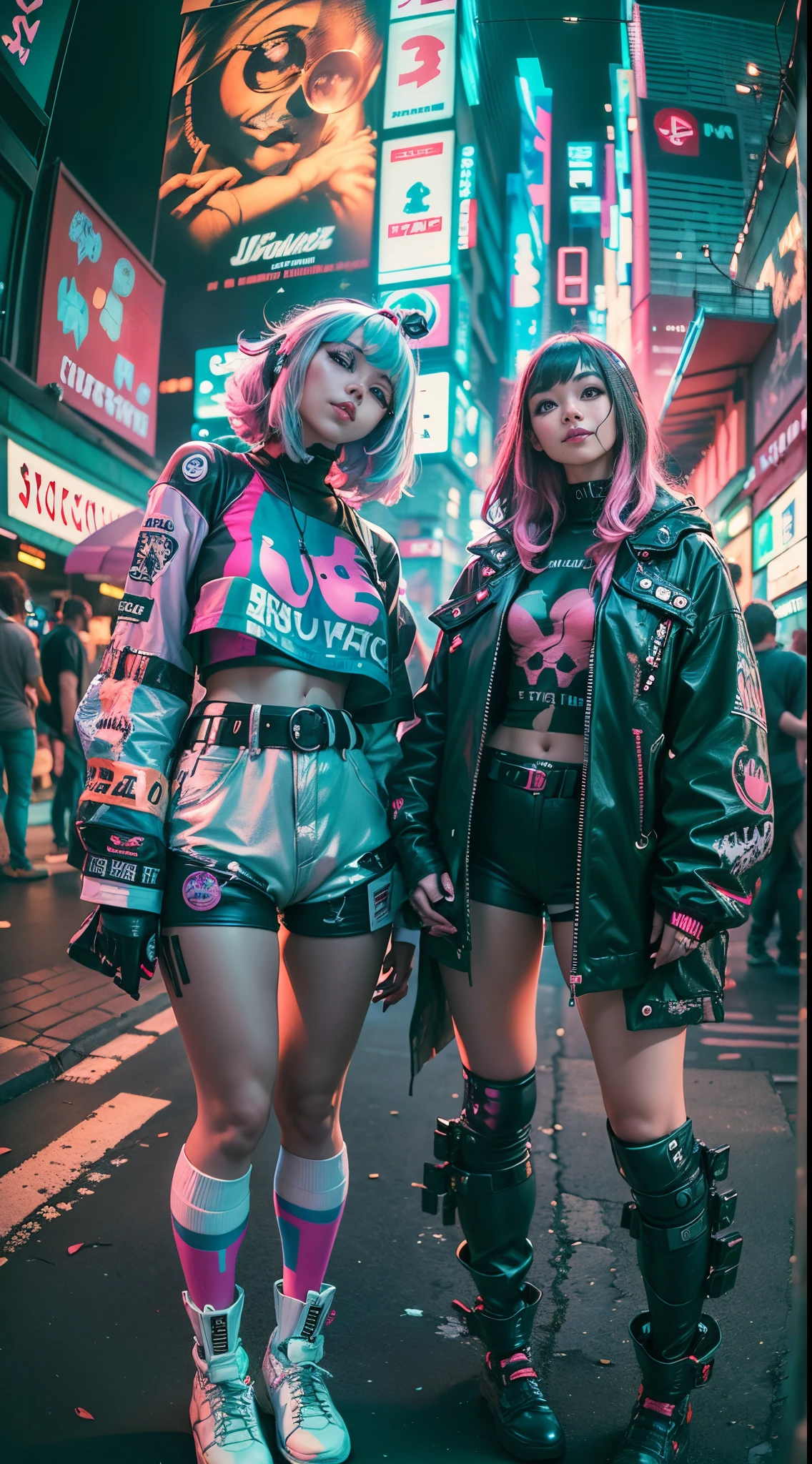 ((2 cyberpunk girls wearing colorful Harajuku style pop outfit)), ((fisheye lens)), cowboy shot, wind, messy hair, cyberpunk cityscape, (aesthetics and atmosphere:1.2), smiling, ((cinematic lighting))