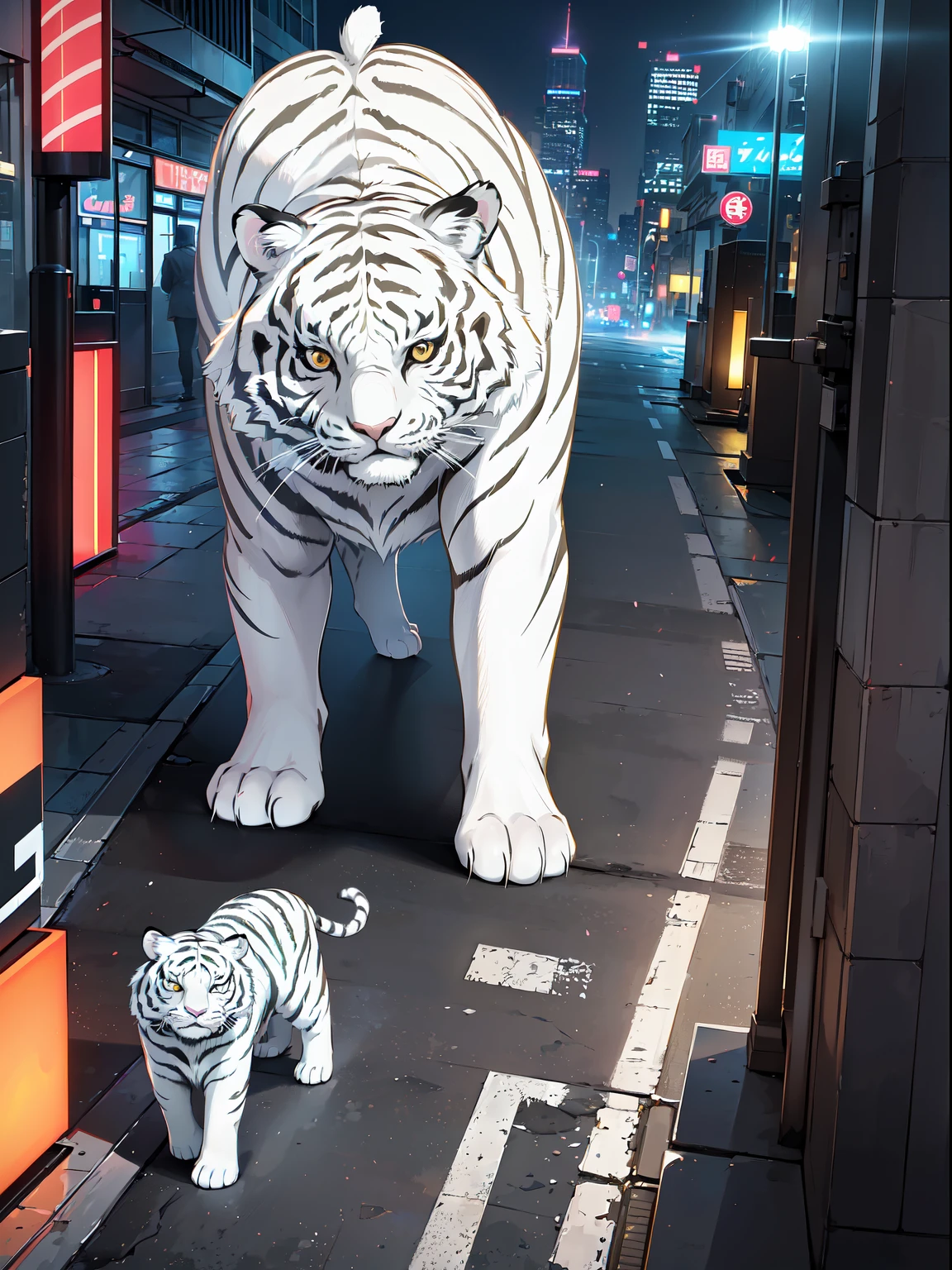(RAW Photos, Best Quality), (animesque: 1.2), (((White tiger walking))), (quadrupedal walking), ((Surrounded by a pale aura:1.2)), (Sharp eye light), Soft lighting, High quality, Building rooftop view, street, Night, Neon light, Professional Lighting, Photon mapping, Radio City, Physically Based Rendering,