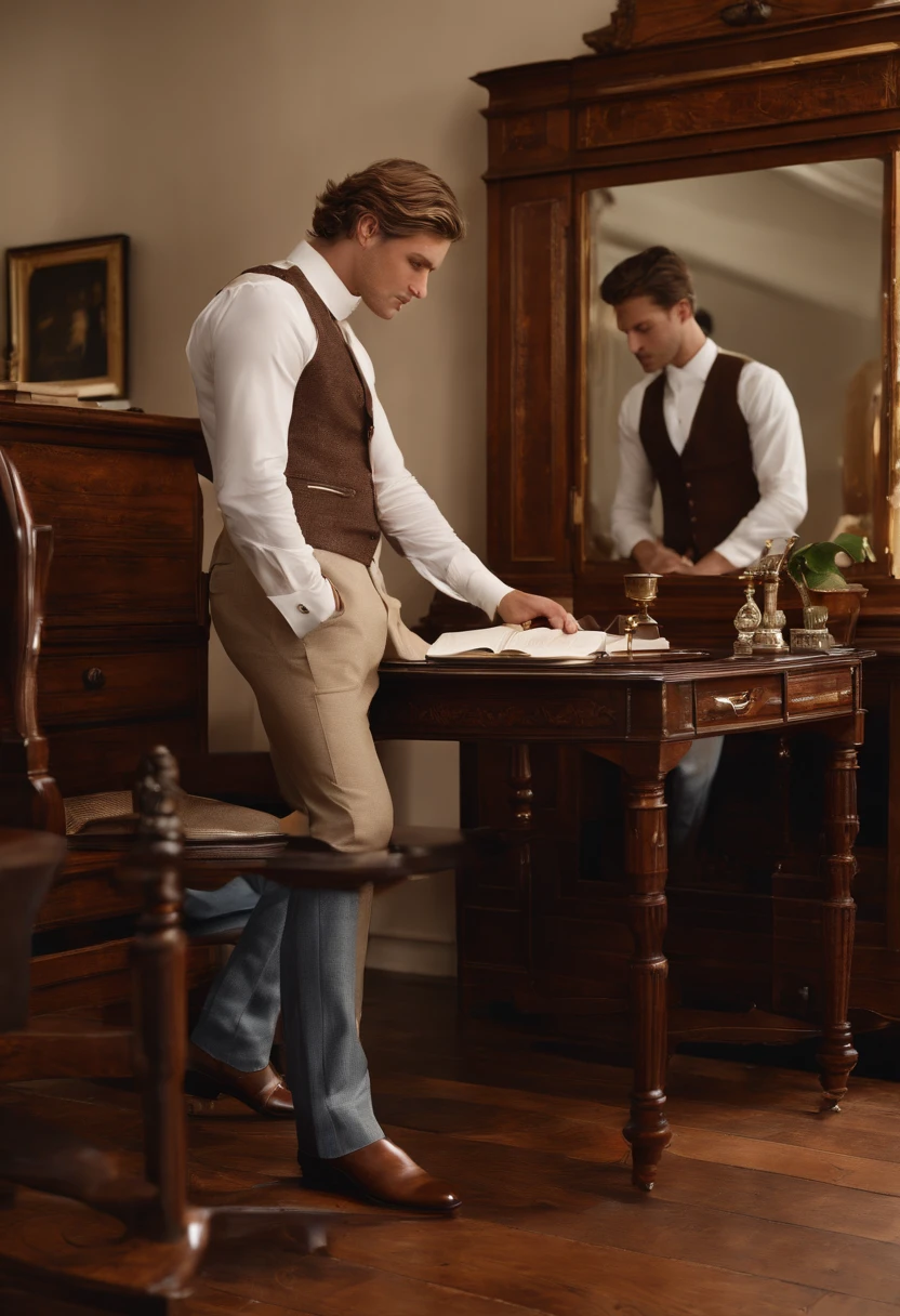 A photo of Nicholas meticulously arranging a collection of vintage fountain pens and inkwells on a sleek antique writing desk.,original,Nicholas looks like the actor and celebrity Tom Glynn-Carney.

Gender: Male

Physical Attributes:
Nicholas possesses a well-maintained physique, distinguished by a toned and slim build, which accentuates his graceful presence. His skin carries a light tan, imbuing him with a healthy, sun-kissed glow that hints at an active lifestyle. His eyes, a piercing shade of blue, draw attention with their depth and clarity.

Hair:
Nicholas sports short, neatly groomed dirty blonde hair, which not only complements his appearance but also underscores his commitment to a polished and sophisticated look.

Apparel:
Nicholas is characterized by a tasteful and understated sense of fashion. He favors a plain crewneck shirt, reflecting his appreciation for simplicity and practicality. These versatile shirts convey an air of effortlessness and serve as a canvas for his inner complexities.

Complementing his shirt, he chooses straight-leg jeans that strike a harmonious balance between comfort and style. These jeans underscore his practicality, ensuring he's well-prepared for the rigors of everyday life.

To shield against the elements, Nicholas dons a warm and elegant coat, reinforcing his dedication to a refined and polished image. The coat not only offers protection but also projects a hint of sophistication that aligns with his enigmatic persona.

Completing his ensemble, Nicholas opts for semi-formal shoes. These choices combine style and comfort, allowing him to navigate seamlessly between casual and more formal settings. This footwear underscores his adaptability, an attribute that resonates with his multifaceted personality.

In addition to his attire, it's important to note that Nicholas's fashion choices go beyond mere garments; they reflect his personality, which embodies a compelling blend of charm, intelligence, and darkness., male
